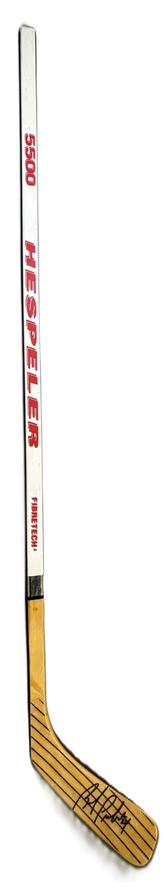 Bob Probert Signed Hespeler 5500 FibreTech Detroit Red Wings Hockey Stick: Offered here is a bold Bob Probert autographed Hespeler 5500 FibreTech hockey stick, a striking display piece honoring one of the most feared and beloved enforcers in NHL history.The stick features st