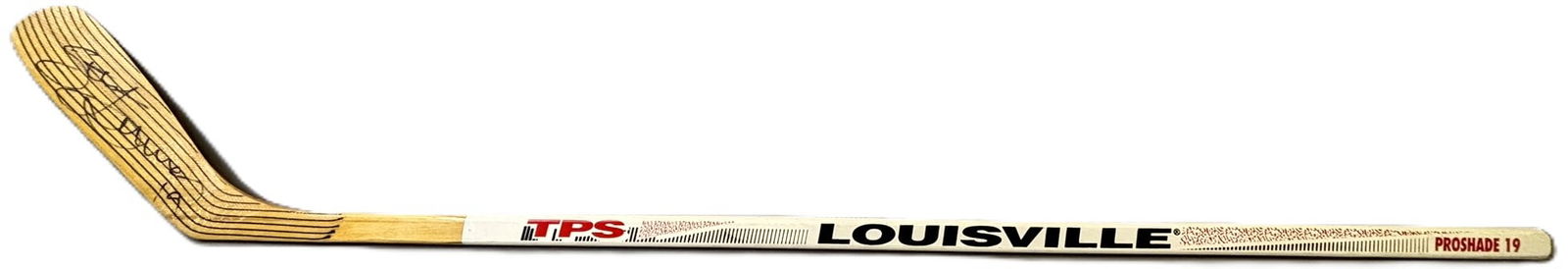 Steve Yzerman Signed TPS Louisville Pro Model Hockey Stick: Offered here is a Steve Yzerman autographed TPS Louisville “Proshade 19” professional model hockey stick, boldly signed on the blade in black marker.This TPS Louisville stick features clas