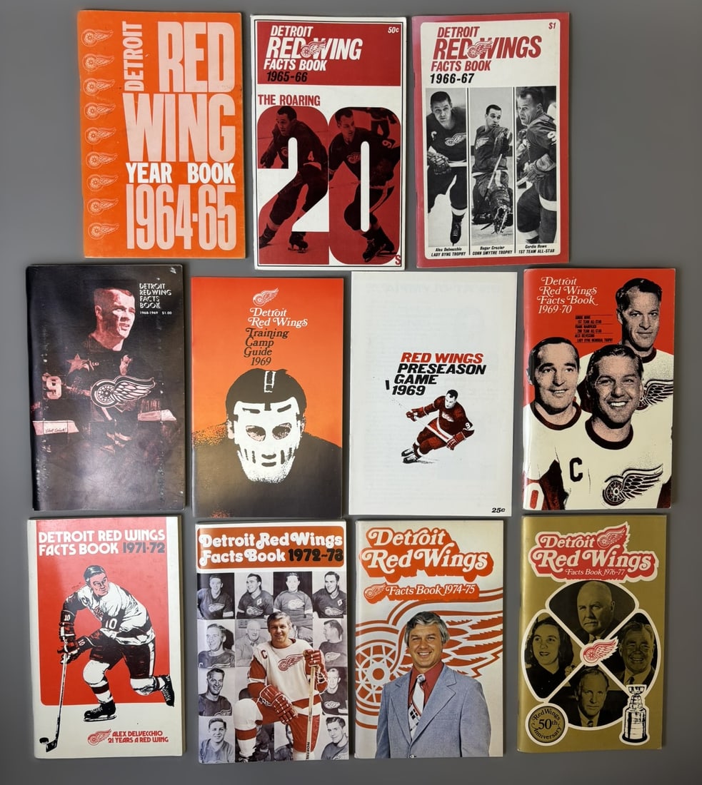 Lot 11 Vintage Detroit Red Wings Yearbooks & Facts Books 1964–77: Offered here is an outstanding group of vintage Detroit Red Wings yearbooks, facts books, and team publications spanning the mid-1960s through the late 1970s — a remarkable run from the Original