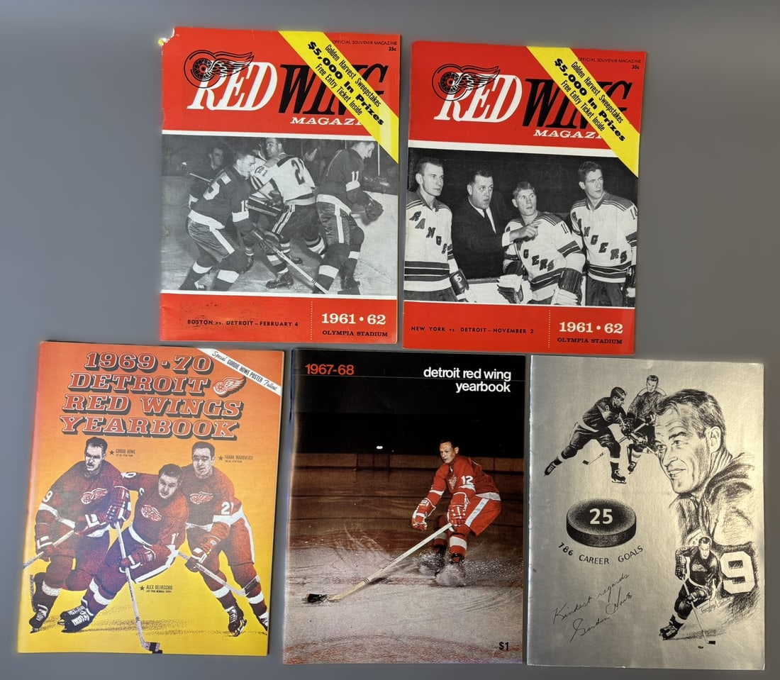 Lot 5 60s 70s Detroit Red Wings Program Magazines Yearbooks Lot: Offered here is a strong group of vintage Detroit Red Wings programs and yearbooks spanning the early 1960s through the 1969–70 season, capturing the club during the final years of the Original