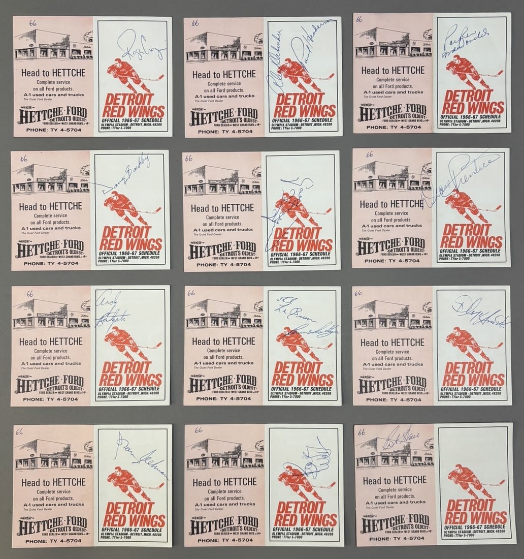 Lot 12 1966-67 Detroit Red Wings Signed Pocket Schedules w/ 14 Signatures Delvecchio: Andy Bathgate, Roger Crozier, Alex Delvecchio, Paul Henderson, Dean Prentice & many more. PLEASE NOTE WE OFFER IN HOUSE SHIPPING & HAVE BIDDING AVAILABLE ON OUR OWN WEBSITE! If you win on LIVE AUCTION