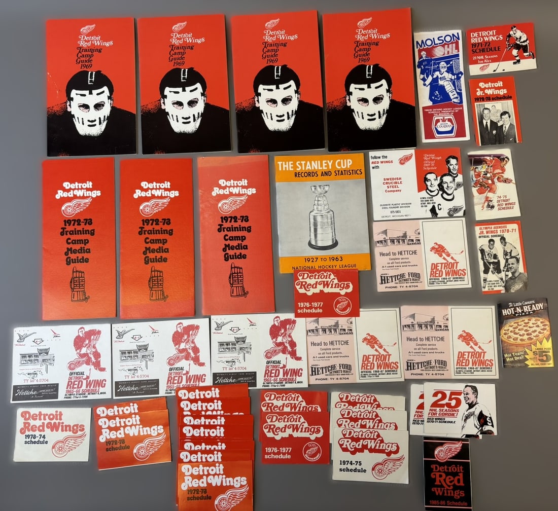 Lot 41 60s 70s Detroit Red Wings Media Guides & Pocket Schedules: Large and diverse lot of vintage Detroit Red Wings media guides, training camp publications, pocket schedules, and promotional ephemera spanning the late 1960s through the 1980s.Highlights include mul