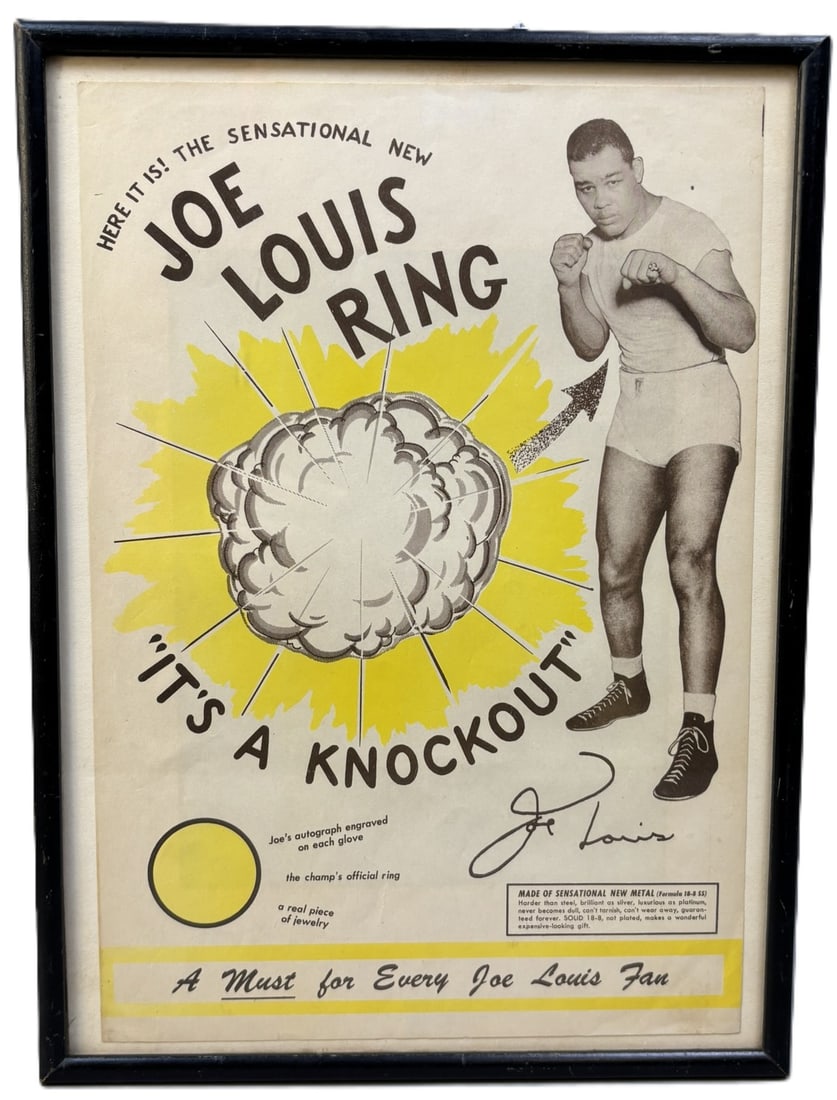 Joe Louis Ring 1940s Its A Knockout Advertising Paper Poster: Print itself measures 13" x 9" - see all photos - circa 1940s. PLEASE NOTE WE OFFER IN HOUSE SHIPPING & HAVE BIDDING AVAILABLE ON OUR OWN WEBSITE! If you win on LIVE AUCTIONEERS, please click "SELF AR