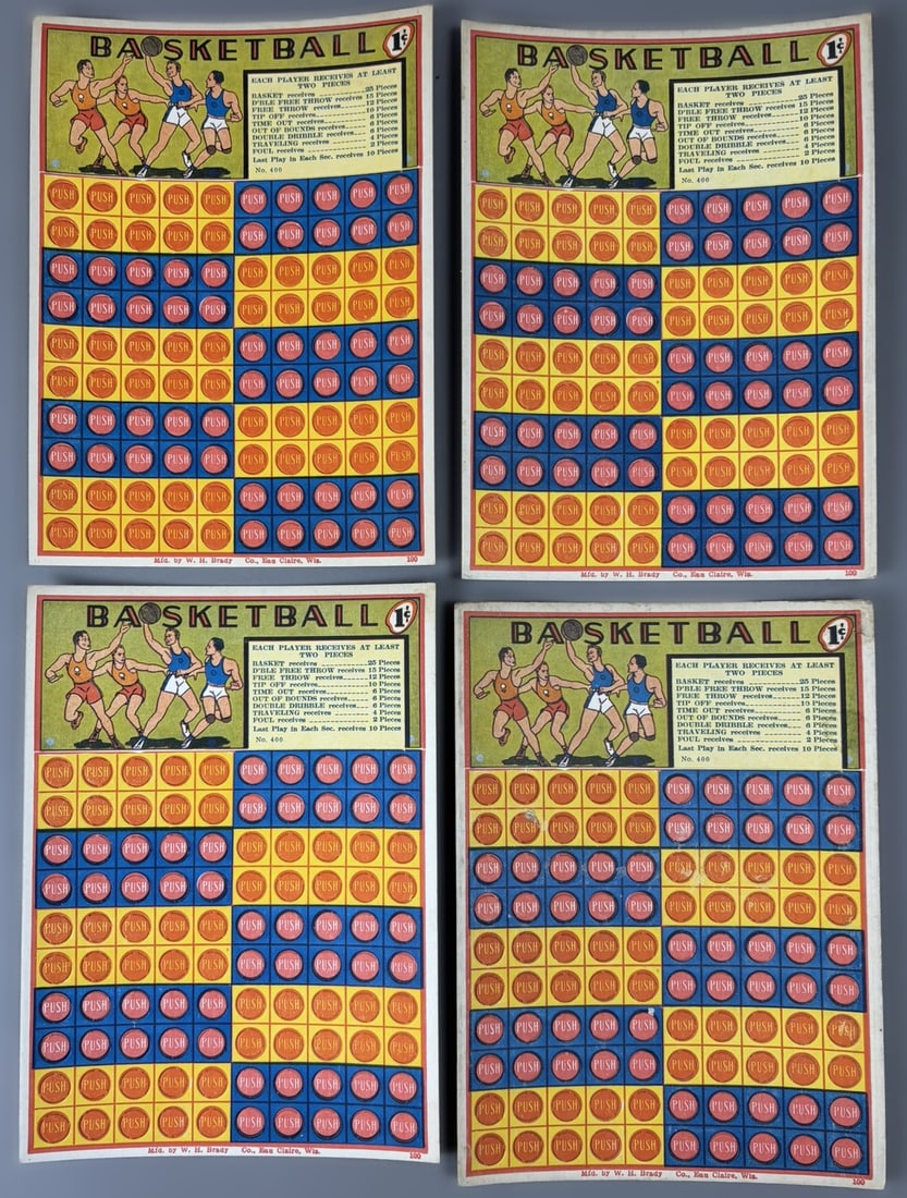 Lot 4 NOS Basketball 1 Cent Punch Board Push Game by W.H. Brady: Great original unused lot of 6.5" x 9" unpunched basketball 1 cent game boards. PLEASE NOTE WE OFFER IN HOUSE SHIPPING & HAVE BIDDING AVAILABLE ON OUR OWN WEBSITE! If you win on LIVE AUCTIONEERS, plea