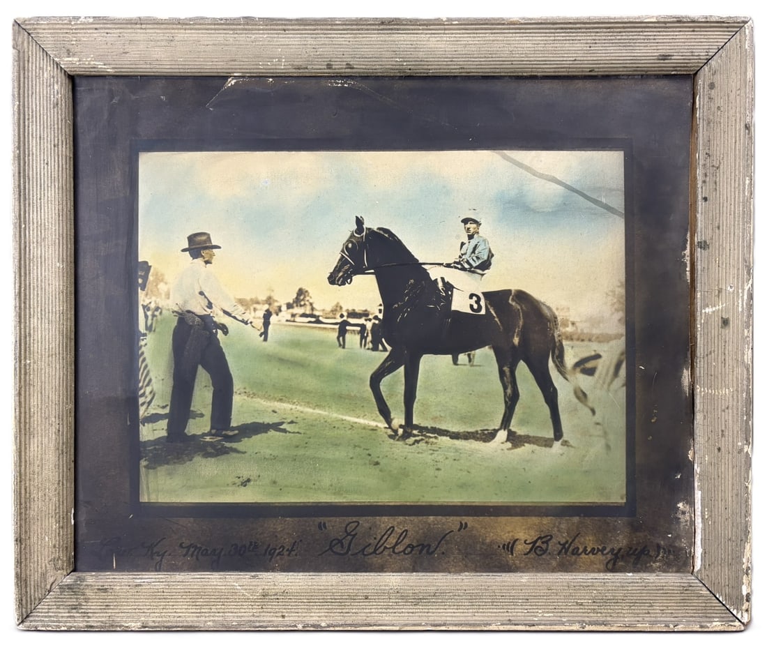 Giblon Louisville Kentucky May 30th 1924 B. Harvey Derby Horse Framed Print: 23" x 19" - early colorized enlarged print from 1924 historic horse. PLEASE NOTE WE OFFER IN HOUSE SHIPPING & HAVE BIDDING AVAILABLE ON OUR OWN WEBSITE! If you win on LIVE AUCTIONEERS, please click "S