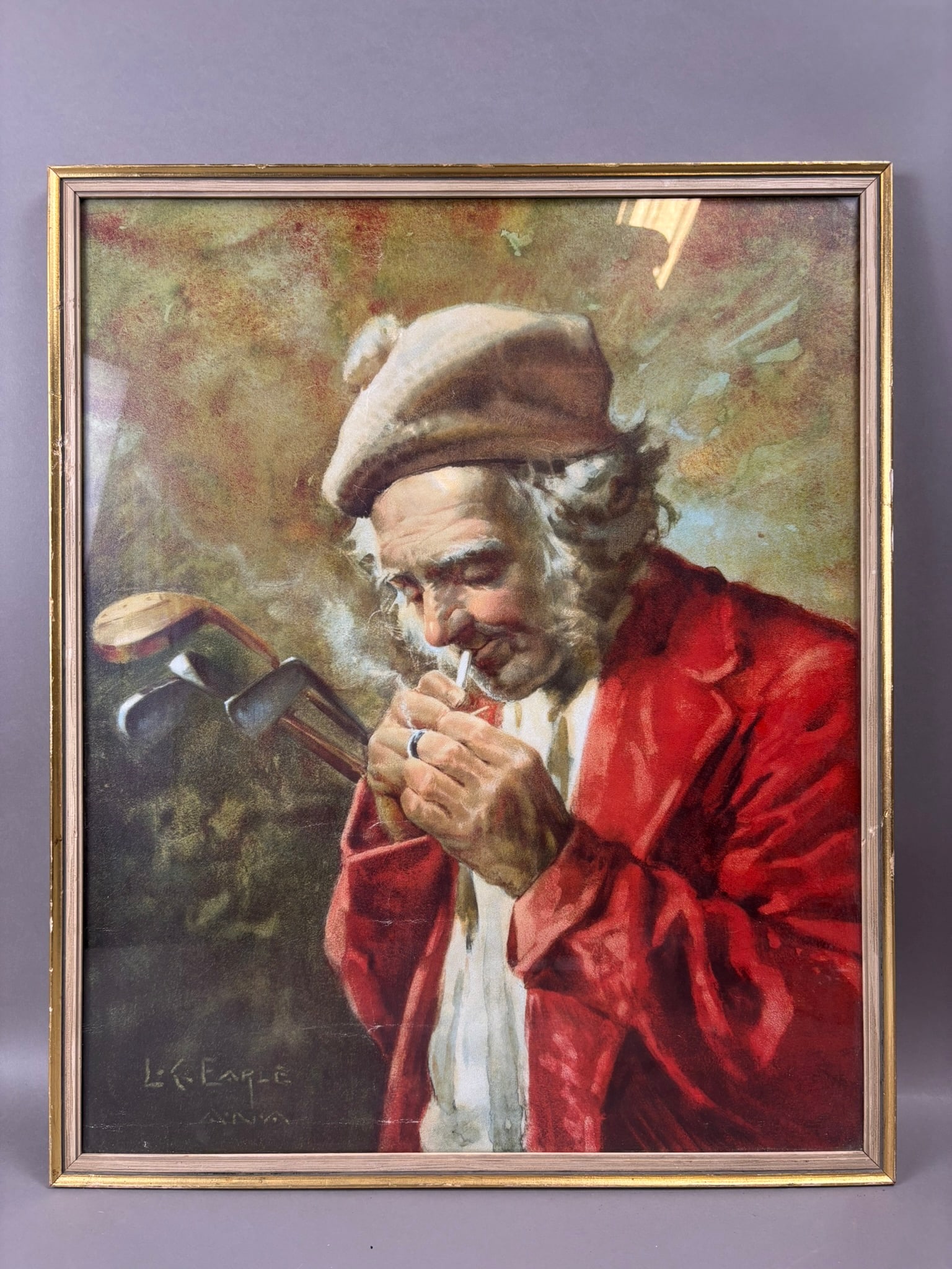 Antique Early 1900s Framed L.K. Earle Smoking Golfer Print: 16.75" x 20.25" - back reads Merry Christmas 1962. Nice original period correct frame. PLEASE NOTE WE OFFER IN HOUSE SHIPPING & HAVE BIDDING AVAILABLE ON OUR OWN WEBSITE! If you win on LIVE AUCTIONEER