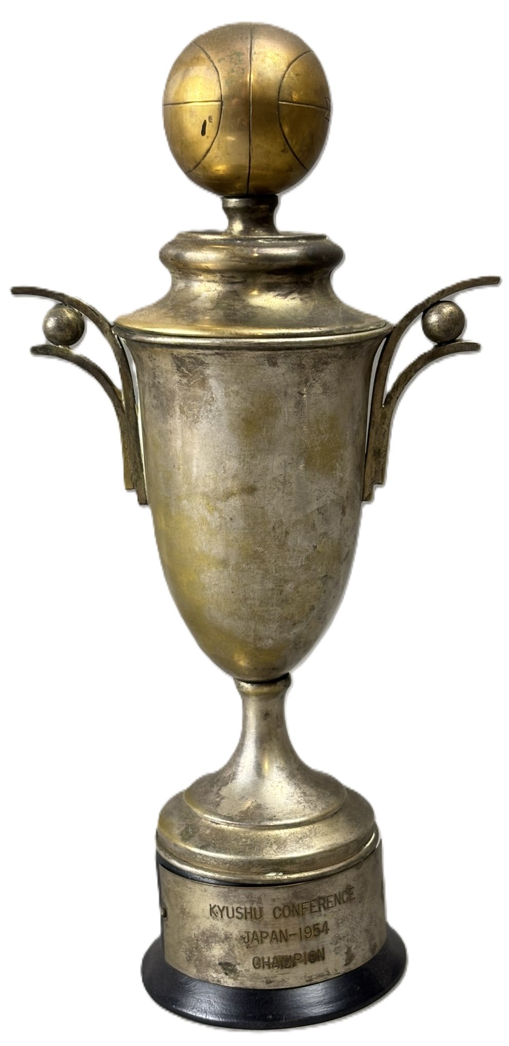Kyushu Conference Japan Original 1954 Champion Silver Basketball Trophy: 5.5" x 11" PLEASE NOTE WE OFFER IN HOUSE SHIPPING & HAVE BIDDING AVAILABLE ON OUR OWN WEBSITE! If you win on LIVE AUCTIONEERS, please click "SELF ARRANGED SHIPPING" when you receive your invoice from