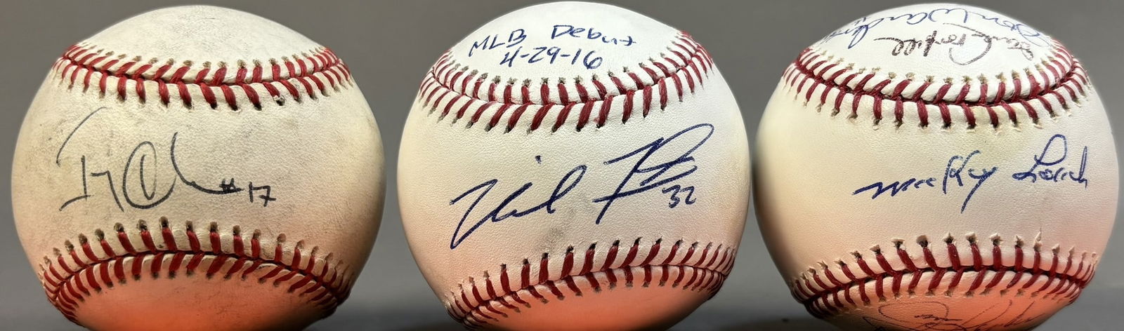 Lot 3 Rawlings Detroit Tigers Signed OAL Baseballs Michael Fulmer Game Used MLB Debut Ball & 1968: Tony Clark single signed, Michael Fulmer game used mlb debut 4.29.16 ball & modern signed 1968 World Series Team ball with many signatures. Lolich, Wert, Tracewski, McLain, Hiller, Warden, Campbell, R
