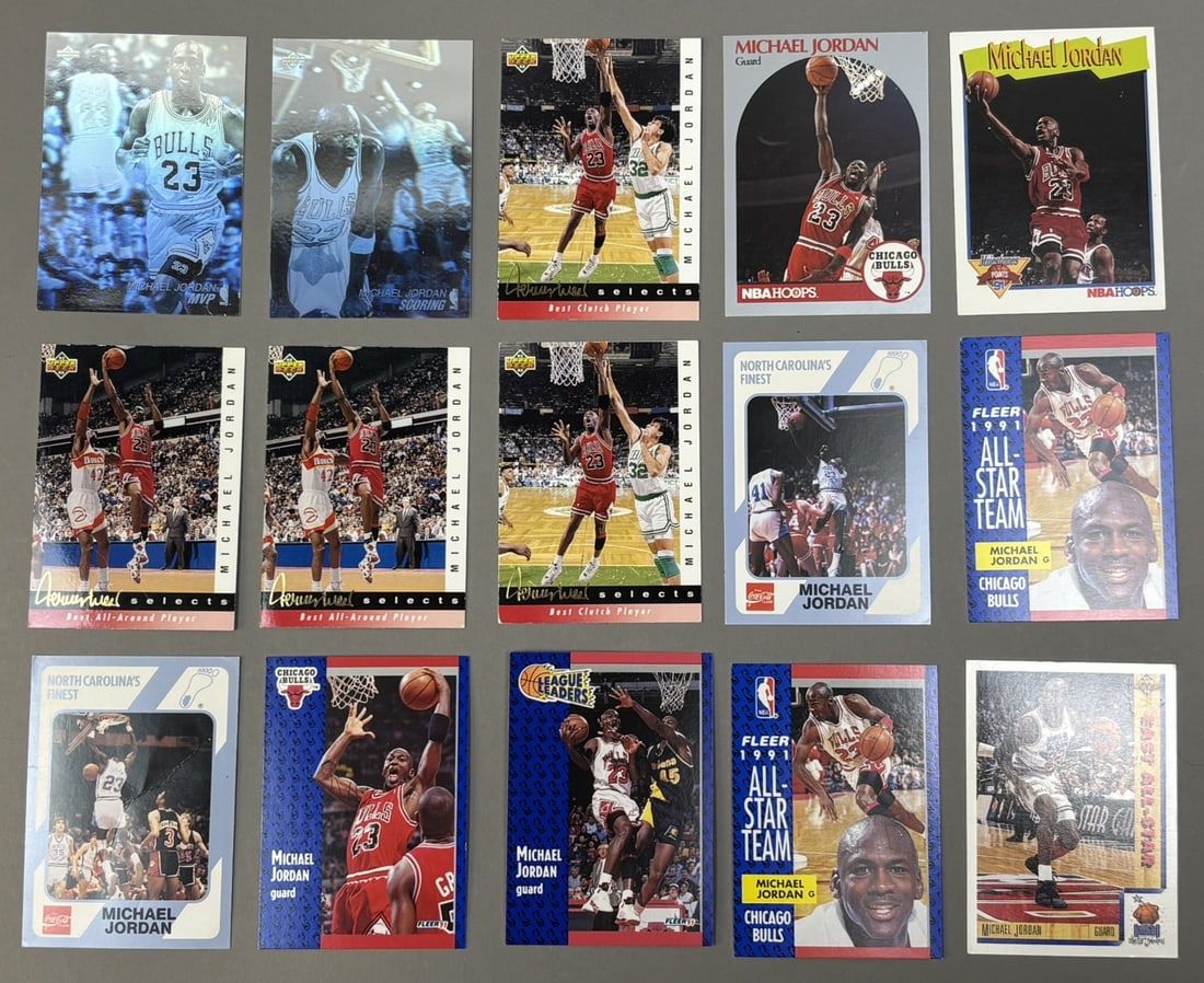 Lot 15 1990s Michael Jordan Basketball Cards 1989-1992 Fleer Upper Deck NBA Hoops: Great original assorted of 89-92 Michael Jordan cards. See all photos! PLEASE NOTE WE OFFER IN HOUSE SHIPPING & HAVE BIDDING AVAILABLE ON OUR OWN WEBSITE! If you win on LIVE AUCTIONEERS, please click