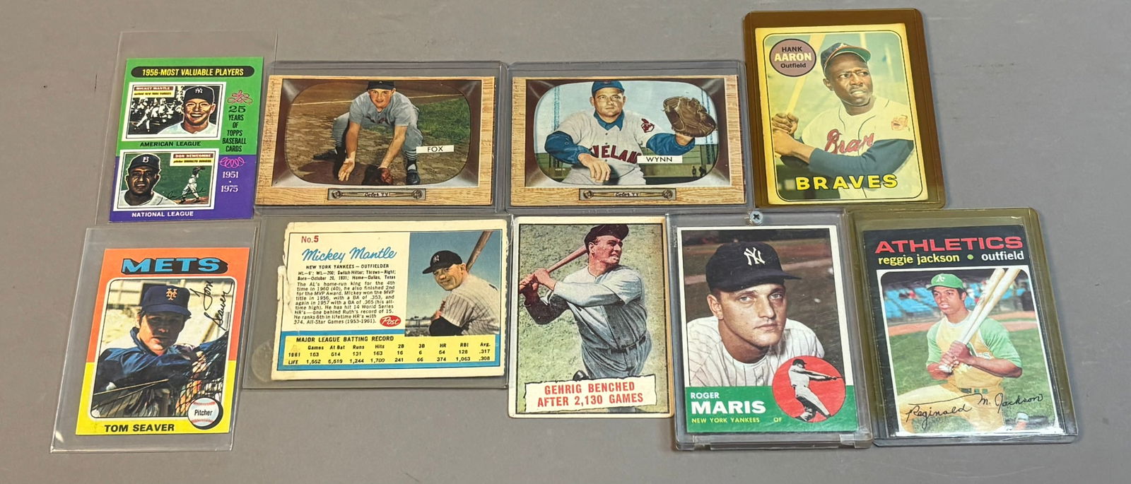 Lot 9 Hof Baseball Cards 1955 Bowman Fox Wynn Post Mantle 1963 Maris: 1955 Bowman Fox #33 Wynn #38 - 1960 Mantle Post Cereal #5 -1961 Gehrig #405 - 1963 Maris #120 - 1969 Hank Aaron #100 - 1971 Reggie Jackson #20 - 1975 Topps Mini #194 Mantle & #370 Tom Seaver PLEASE NO