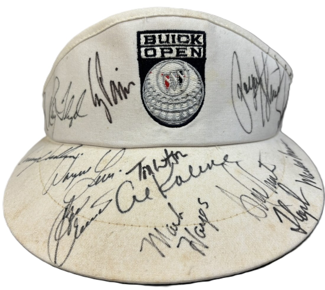 Signed Buick Open PGA Tour Visor – Stewart, Watson, Floyd & More: Original Buick Open embroidered tournament visor signed by multiple PGA Tour professionals from the late 1980s–1990s era. Signatures include: Ray Floyd, Payne Stewart, Tom Watson, Mark O’M