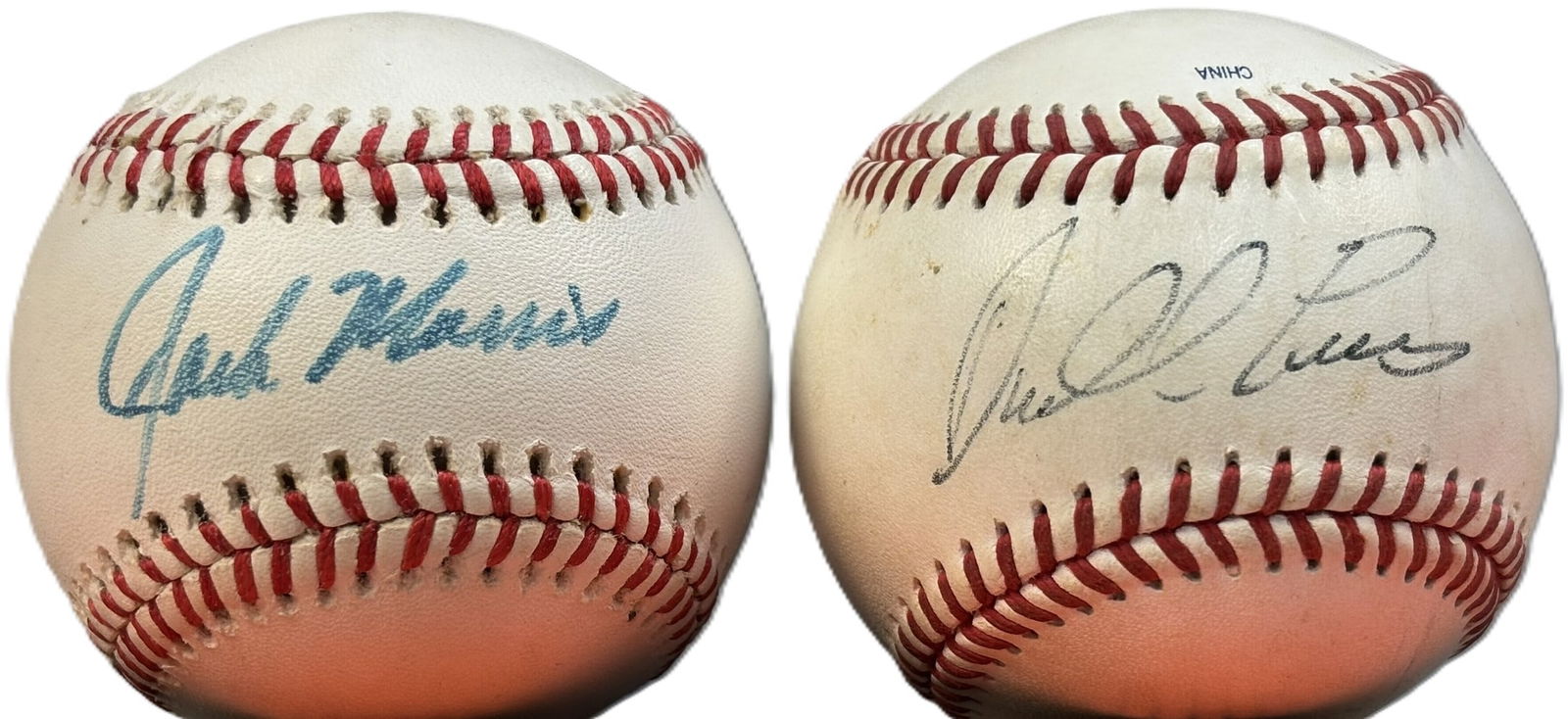 Pair Detroit Tigers Jack Morris & Darrel Evans Single Signed Baseballs: Nice pair of original single signed 1984 World Series champs signed Evans & Morris HOF balls. Strong bold signatures. PLEASE NOTE WE OFFER IN HOUSE SHIPPING & HAVE BIDDING AVAILABLE ON OUR OWN WEBSITE