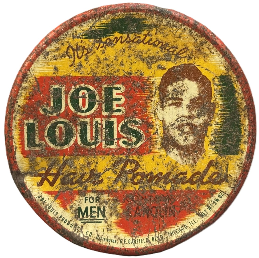 Joe Louis Boxing Champion Hair Pomade Original Lanolin: Original Joe Louis Pomade cannister from the 1930s. PLEASE NOTE WE OFFER IN HOUSE SHIPPING & HAVE BIDDING AVAILABLE ON OUR OWN WEBSITE! If you win on LIVE AUCTIONEERS, please click "SELF ARRANGED SHIP