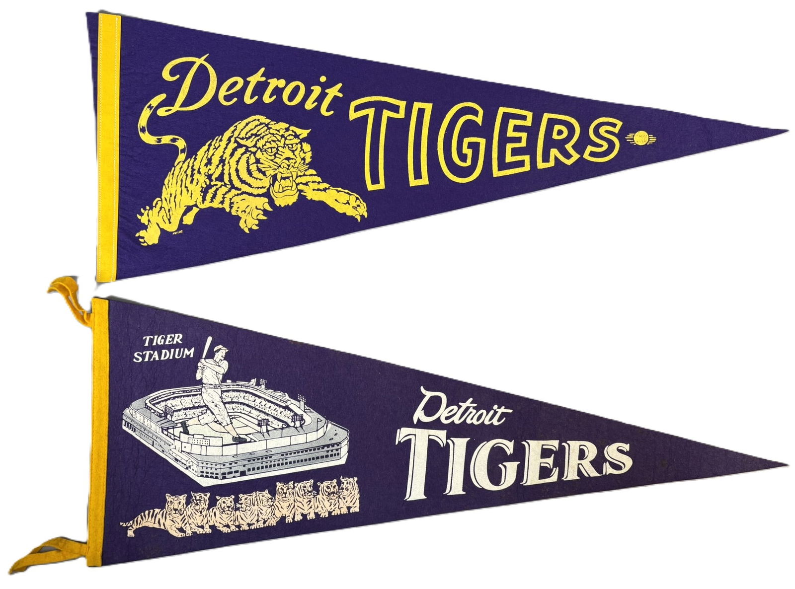 Pair Detroit Tigers Tiger Stadium Ca. 60s High Grade Baseball Felt Pennants: Incredible pair of high grade baseball pennants for the Detroit Tigers. Full size 30" pennants. PLEASE NOTE WE OFFER IN HOUSE SHIPPING & HAVE BIDDING AVAILABLE ON OUR OWN WEBSITE! If you win on LIVE A