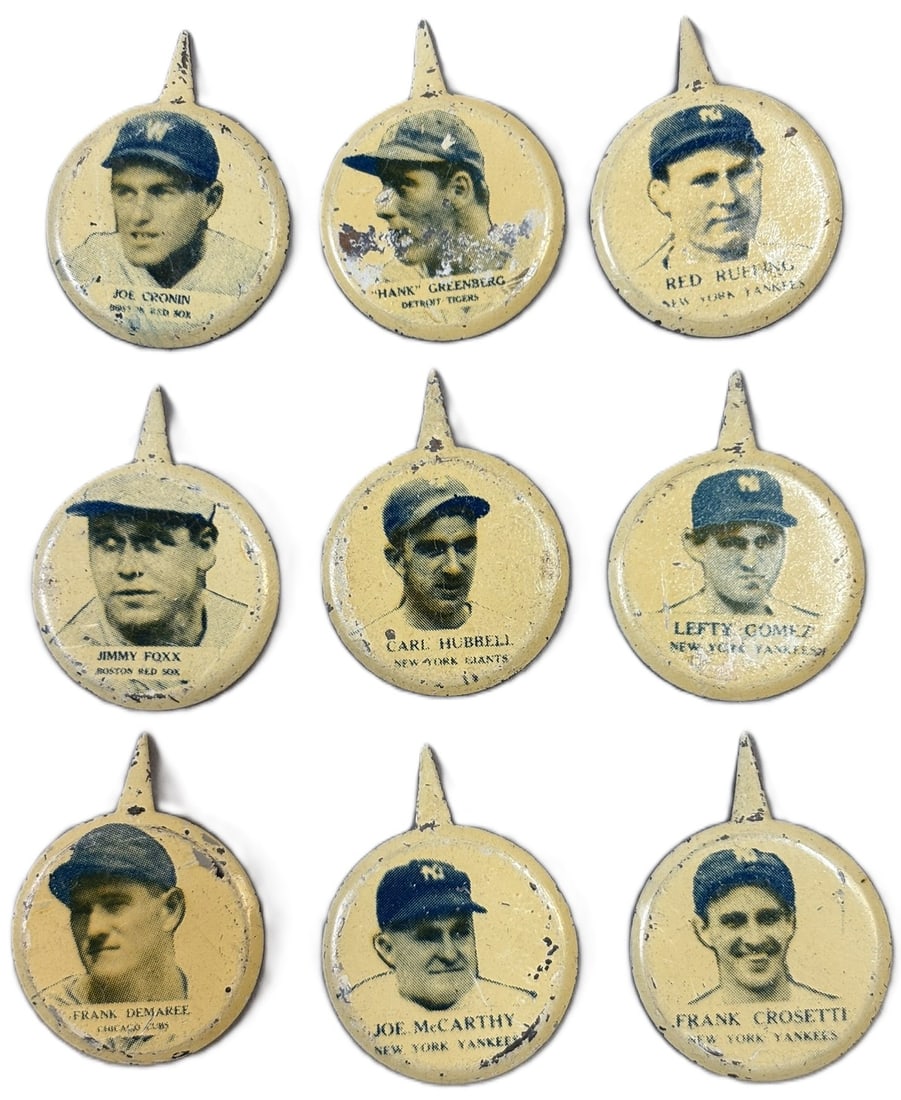 Lot 9 1938 PM8 HOF Baseball Buttons Foxx Greenberg Cronin Gomez Hubbell Ruffing: Great original lot of 9 1938 PM8 buttons. See all photos. PLEASE NOTE WE OFFER IN HOUSE SHIPPING & HAVE BIDDING AVAILABLE ON OUR OWN WEBSITE! If you win on LIVE AUCTIONEERS, please click "SELF ARRANGE