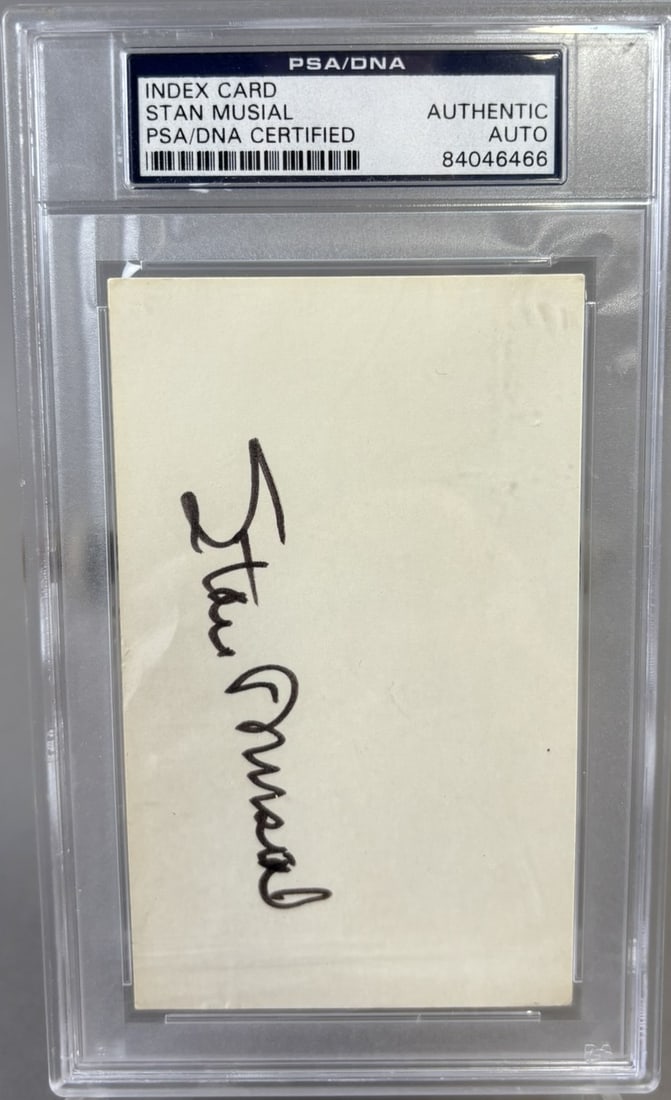 Stan Musial St Louis Cardinals Signed Index Card PSA Authentic Auto: Cert #84046466 PLEASE NOTE WE OFFER IN HOUSE SHIPPING & HAVE BIDDING AVAILABLE ON OUR OWN WEBSITE! If you win on LIVE AUCTIONEERS, please click "SELF ARRANGED SHIPPING" when you receive your invoice f