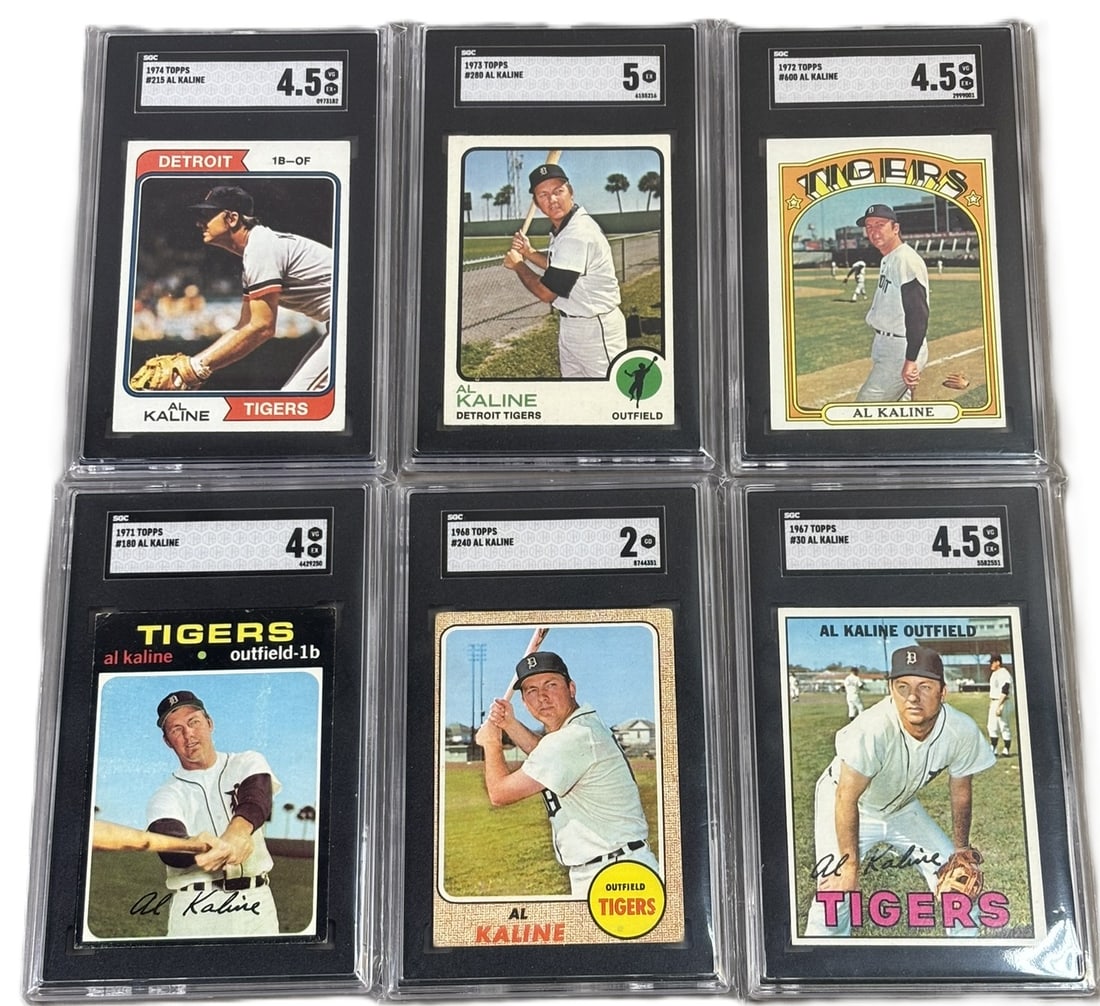 Lot 6 Al Kaline Topps Cards 1967 1968 1971 1972 1973 1974 SGC 2 4 4.5 5: Great original Al Kaline lot of 6 SGC graded cards. PLEASE NOTE WE OFFER IN HOUSE SHIPPING & HAVE BIDDING AVAILABLE ON OUR OWN WEBSITE! If you win on LIVE AUCTIONEERS, please click "SELF ARRANGED SHIP