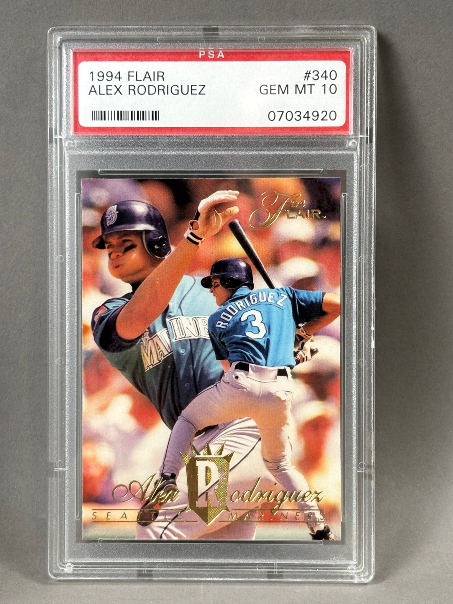 1994 Flair Alex Rodriguez #340 PSA 10 Gem Mint: PSA cert #07034920 PLEASE NOTE WE OFFER IN HOUSE SHIPPING & HAVE BIDDING AVAILABLE ON OUR OWN WEBSITE! If you win on LIVE AUCTIONEERS, please click "SELF ARRANGED SHIPPING" when you receive your invoi
