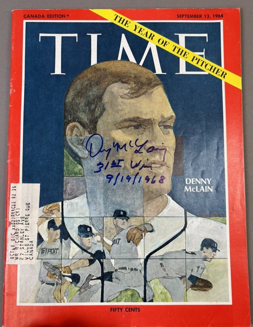 1968 Time Magazine Signed The Year Of The Pitcher Denny McLain 31st Win 9/19/1968: Incredible orginal signed & inscribed Denny McLain Time Magazine. PLEASE NOTE WE OFFER IN HOUSE SHIPPING & HAVE BIDDING AVAILABLE ON OUR OWN WEBSITE! If you win on LIVE AUCTIONEERS, please click "SELF