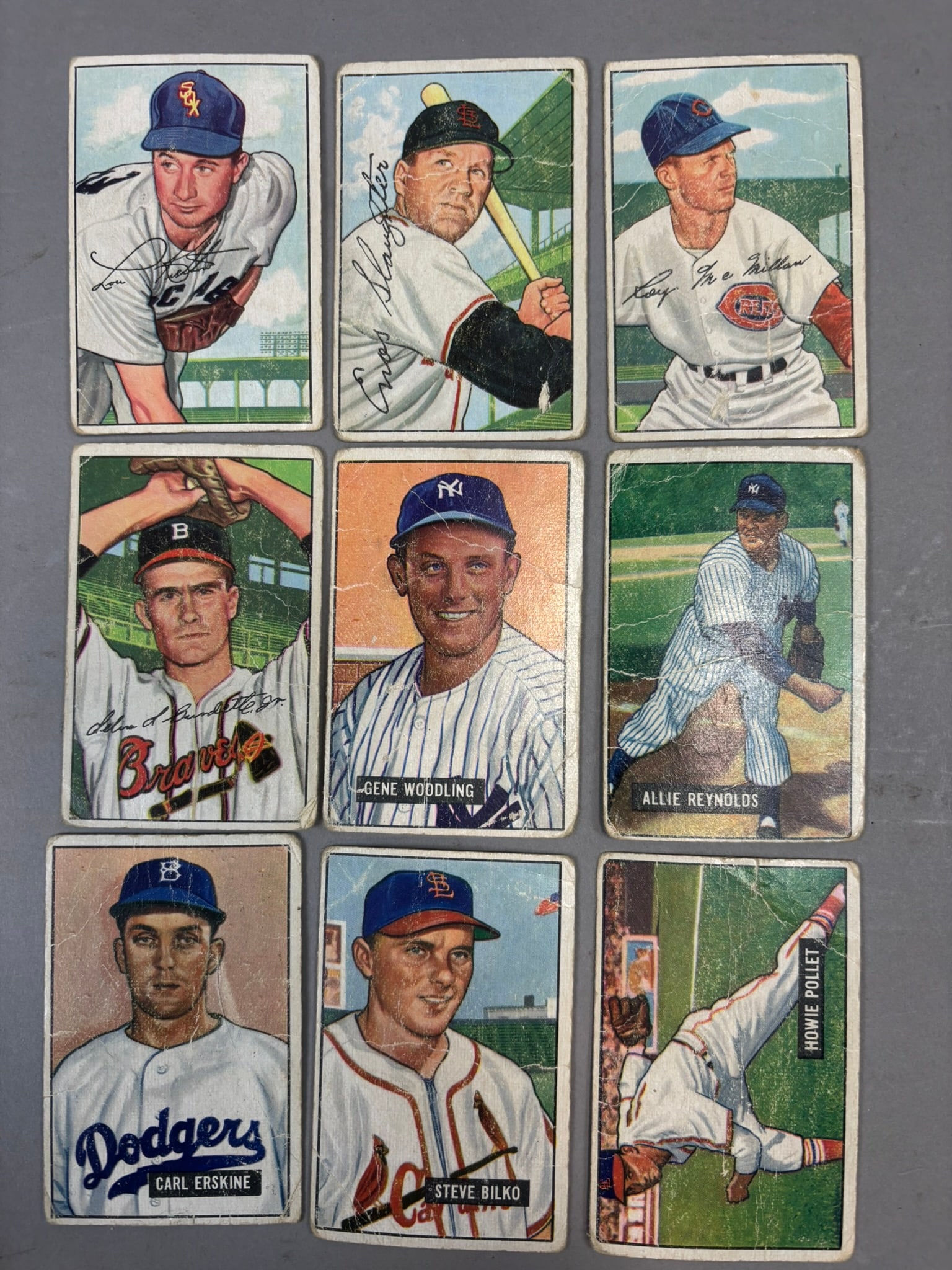 1951 & 1952 Bowman Baseball Card Lot 9 Cards Slaughter Erskine: 1951 (5) - 109, 219, 260, 263, 265 / 1952 (4) 221, 232, 238, 244 PLEASE NOTE WE OFFER IN HOUSE SHIPPING & HAVE BIDDING AVAILABLE ON OUR OWN WEBSITE! If you win on LIVE AUCTIONEERS, please click "SELF