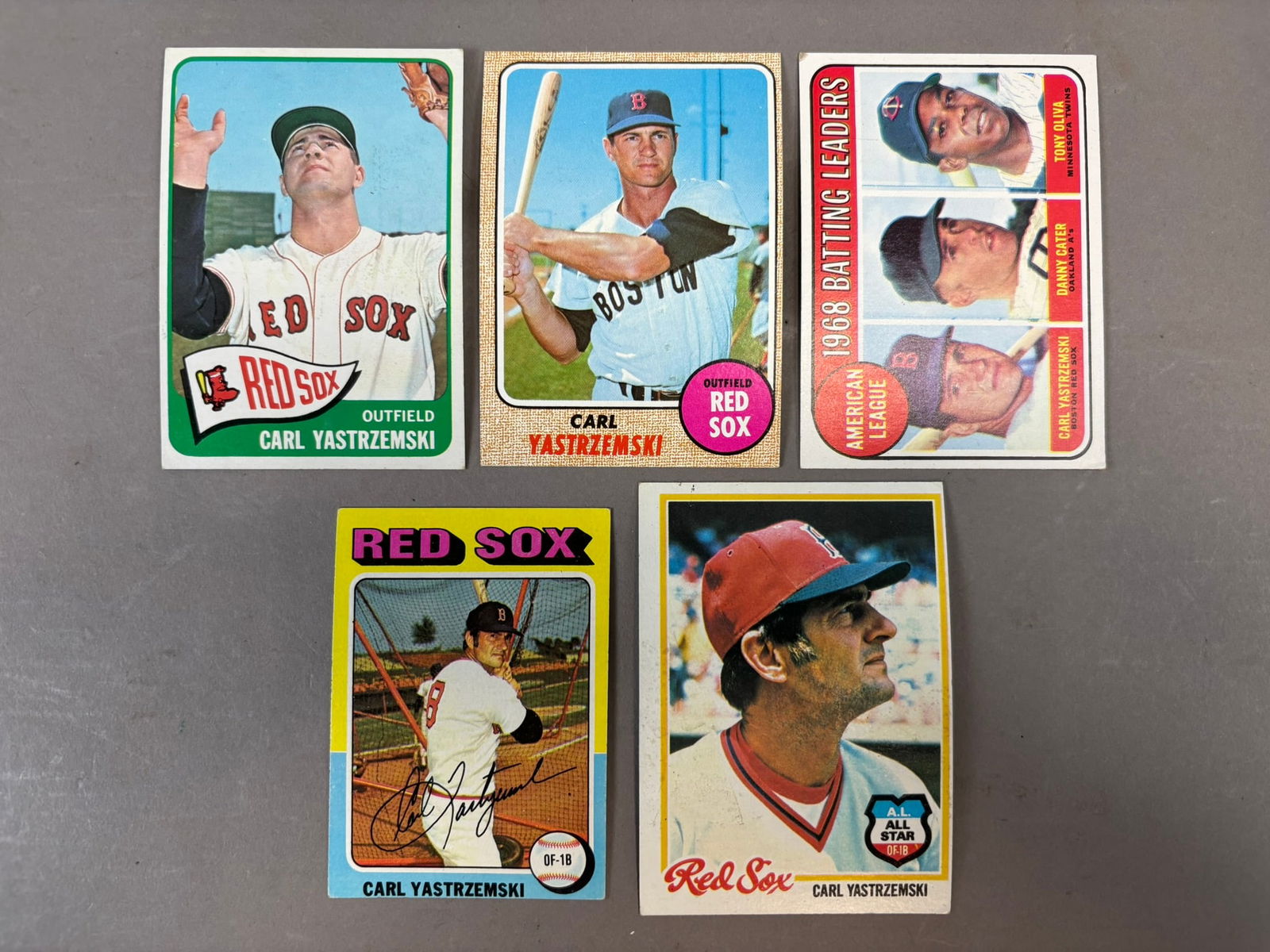 Lot 5 HOF Carl Yastrzemski Topps Baseball Cards 1965- 1978: 1965 #385, 1968 #250, 1969 #1, 1975 Mini #280, 1978 #40 PLEASE NOTE WE OFFER IN HOUSE SHIPPING & HAVE BIDDING AVAILABLE ON OUR OWN WEBSITE! If you win on LIVE AUCTIONEERS, please click "SELF ARRANGED