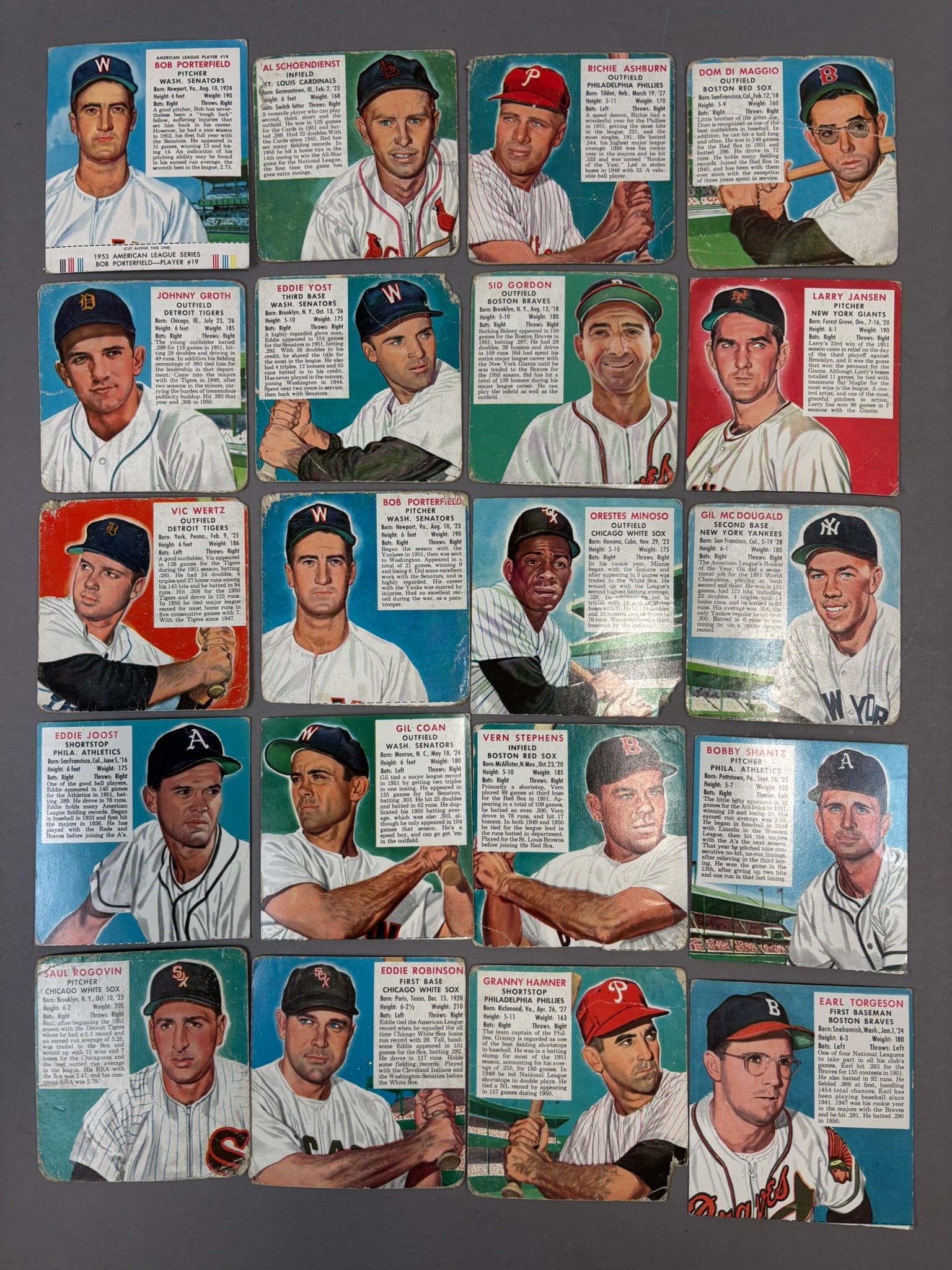 Lot 20 1952 1953 Red Man Tobacco Baseball Cards Schoendienst Ashburn: Varying degrees of condition - players as follows - Torgenson, Hamner, Eddie Robinson, Rogovin, Shantz, Stephens, Coan, Joost, McDougald, Minoso, Porterfield, Wertz, Jansen, Gordon, Yost, Groth, Dimma
