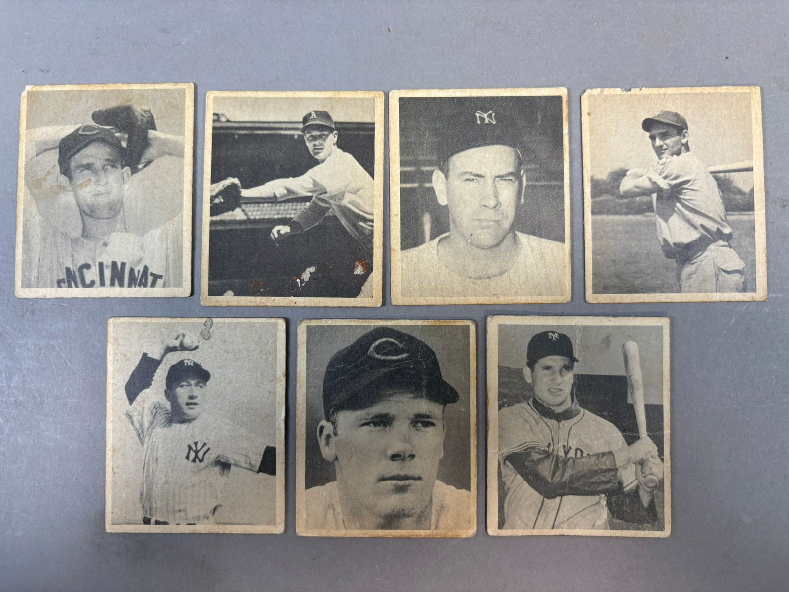 Lot 7 1948 Bowman Baseball Cards Blackwell Joost: Blackwell 2, Joost 15, Bevins 22, Gordon 27, Stirnweiss 35, Wehmeier 46, Thomson 47 - varying condition as shown PLEASE NOTE WE OFFER IN HOUSE SHIPPING & HAVE BIDDING AVAILABLE ON OUR OWN WEBSITE! If