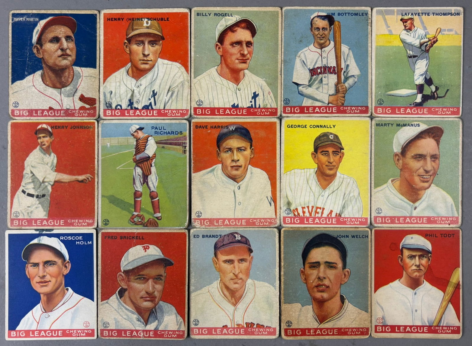 Lot 15 1933 Goudey Baseball Cards Pepper Martin Bottomley Rogell: Varying degrees of condition P to VG. NO SCRAPBOOK PAPER ON THIS LOT! #4 Schuble, #9 Harris, #11 Rogell, #13 Thompson, #14 Johnson, #27 Connally, #38 Brickell, #44 Bottomley, #48 McManus, #50 Brandt,