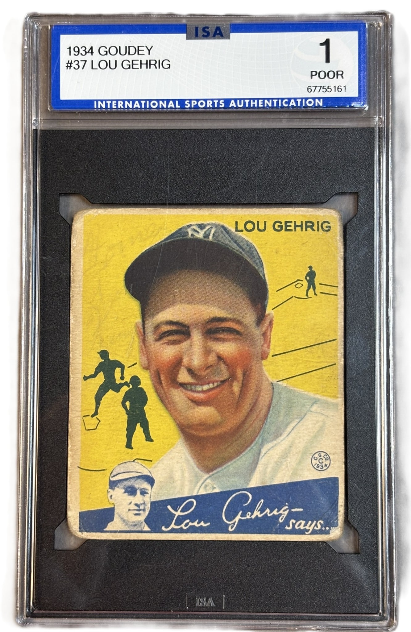 1934 Goudey #37 Lou Gehrig HOF ISA 1 Poor Cert #67755161: Great original Lou Gehrig #37 Goudey. Some pencil on top left as shown. PLEASE NOTE WE OFFER IN HOUSE SHIPPING & HAVE BIDDING AVAILABLE ON OUR OWN WEBSITE! If you win on LIVE AUCTIONEERS, please click