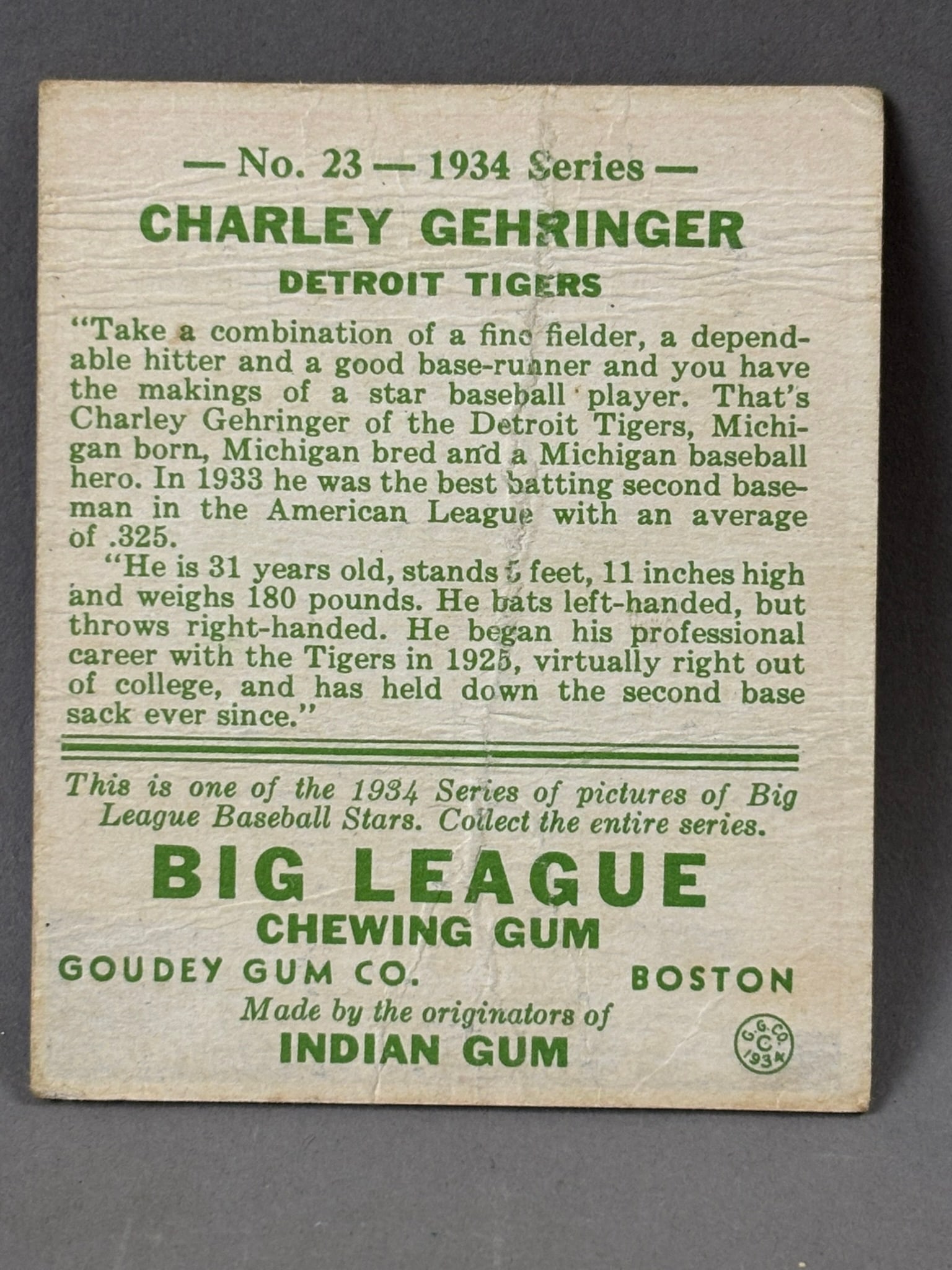 1934 Goudey #23 Charley Gehringer VG Ungraded Photos - SGC Submission 12.18.25: SGC Submission 12.18.25 - Waiting On Grading PLEASE NOTE WE OFFER IN HOUSE SHIPPING & HAVE BIDDING AVAILABLE ON OUR OWN WEBSITE! If you win on LIVE AUCTIONEERS, please click "SELF ARRANGED SHIPPING" w