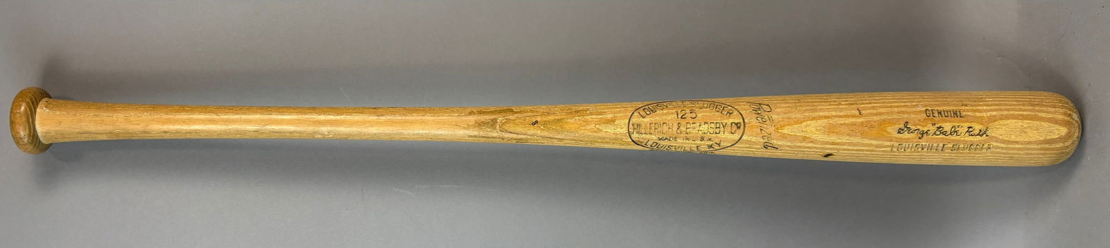 Babe Ruth Pro Model Team Index 1955-1957 Post Career Game Used Bat PSA: PSA Cert is B1B37885 - 34" - 32.6oz - Model R43 - Standard Finish Ash - heavy use with handle crack that’s been repaired with nails. PLEASE NOTE WE OFFER IN HOUSE SHIPPING & HAVE BIDDING AVAILAB