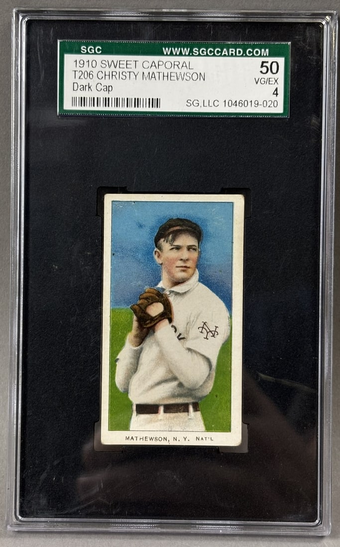 Christy Mathewson 1910 Sweet Caporal T206 Dark Cap SGC 4 VG-EX 50: Certificate #1046019-020 - absolutely beautiful color and gloss on card. Slab has a few scuffs and scratches. PLEASE NOTE WE OFFER IN HOUSE SHIPPING & HAVE BIDDING AVAILABLE ON OUR OWN WEBSITE! If you