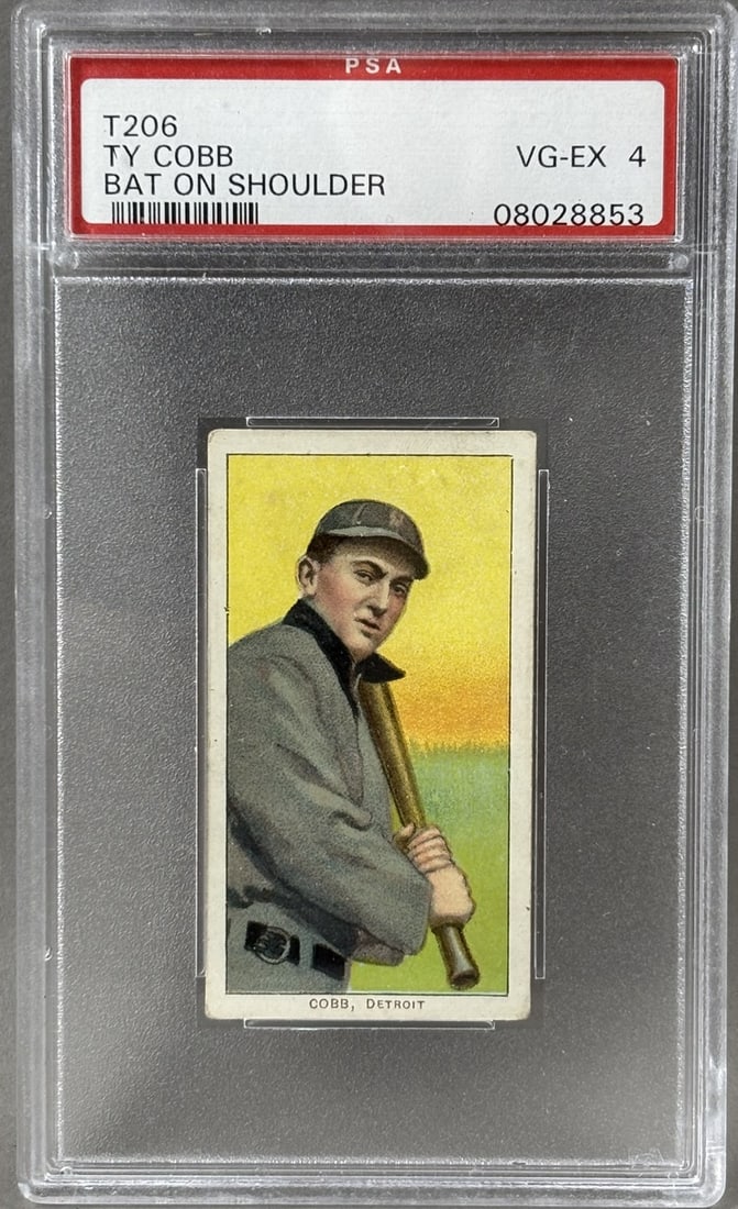 Ty Cobb 1909-1911 Piedmont T206 Bat On Shoulder PSA 4 VG-EX: Certificate #08028853 - slab has a few minor scuffs & scratches PLEASE NOTE WE OFFER IN HOUSE SHIPPING & HAVE BIDDING AVAILABLE ON OUR OWN WEBSITE! If you win on LIVE AUCTIONEERS, please click "SELF A
