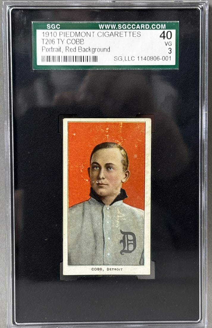 Ty Cobb 1910 T206 Piedmont Cigarettes Portrait Red Background SGC 3 VG 40: Certificate number #1140806-001 - slab has minor scuffs & imperfections. PLEASE NOTE WE OFFER IN HOUSE SHIPPING & HAVE BIDDING AVAILABLE ON OUR OWN WEBSITE! If you win on LIVE AUCTIONEERS, please clic