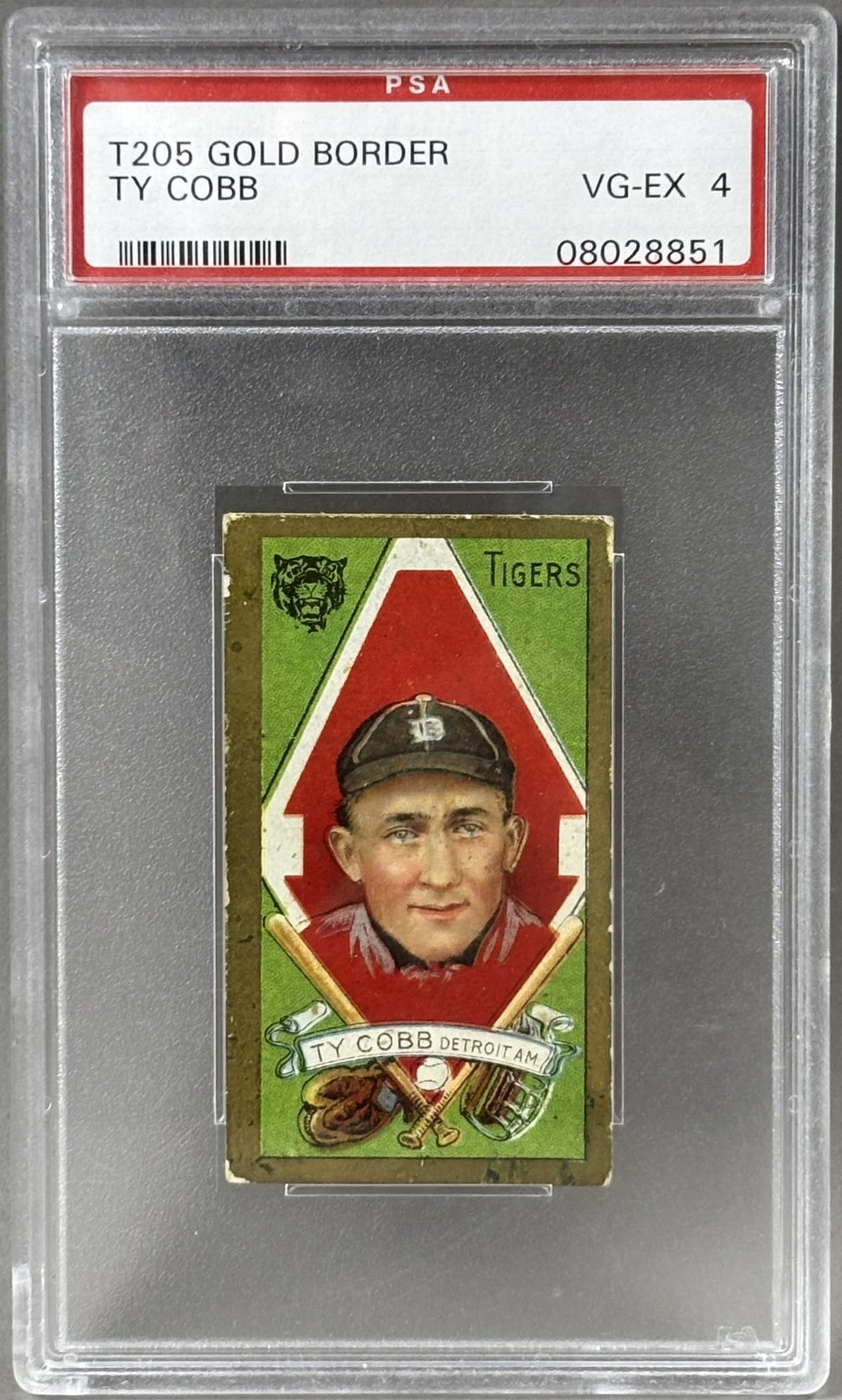 Ty Cobb T205 Gold Border Polar Bear Back Baseball Card PSA 4 VG-EX: Certficate number #08028851 - minor scuffs and imperfections on slab PLEASE NOTE WE OFFER IN HOUSE SHIPPING & HAVE BIDDING AVAILABLE ON OUR OWN WEBSITE! If you win on LIVE AUCTIONEERS, please click "S
