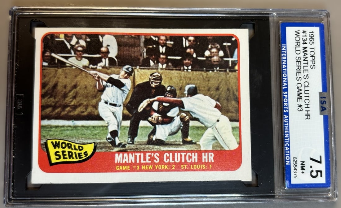 1965 Topps #134 Mickey Mantle's Clutch HR World Series Game 3 ISA 7.5 NM+: ISA Cert #62554375 PLEASE NOTE WE OFFER IN HOUSE SHIPPING & HAVE BIDDING AVAILABLE ON OUR OWN WEBSITE! If you win on LIVE AUCTIONEERS, please click "SELF ARRANGED SHIPPING" when you receive your invoi