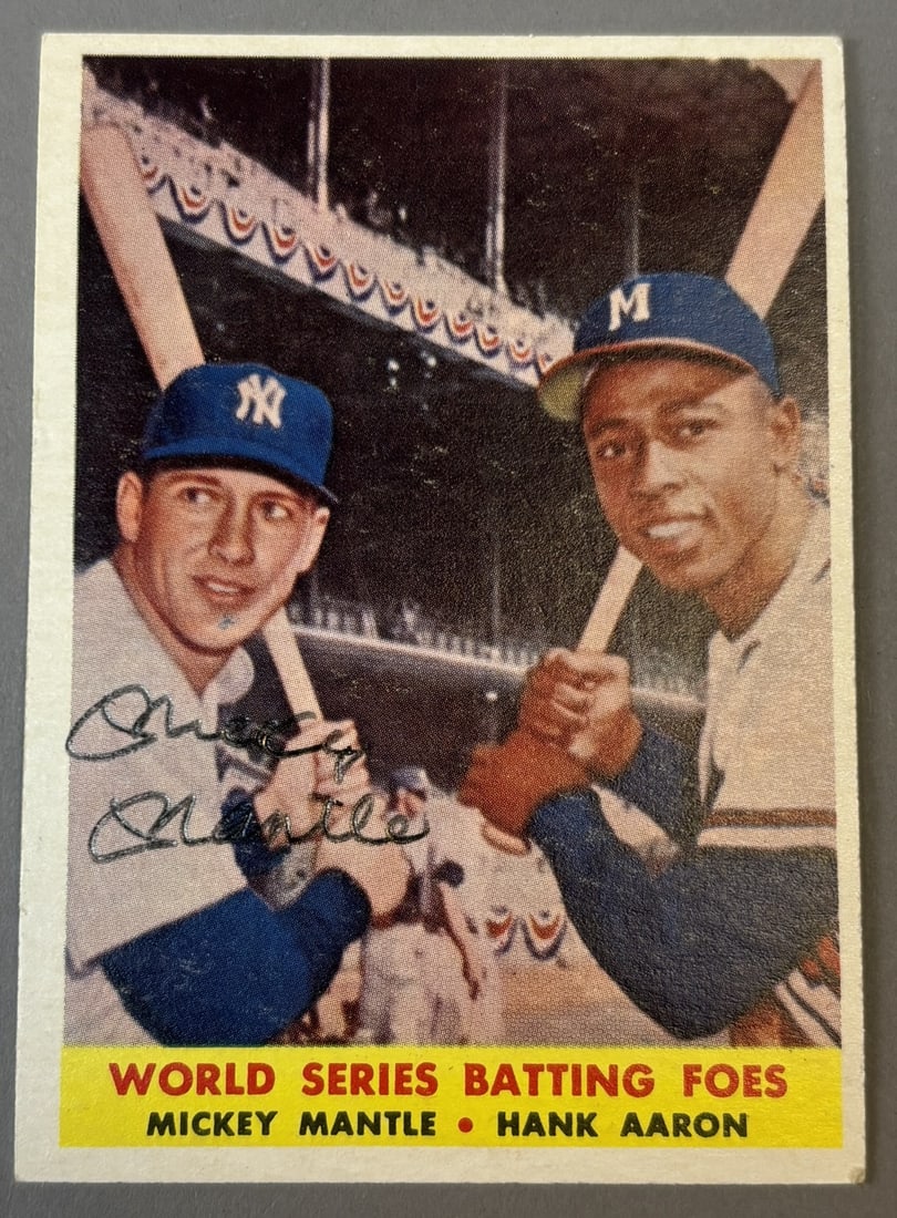 1957 Topps #418 Mickey Mantle Signed Hank Aaron Batting Foes: High grade original 1957 Topps #418 card signed by Hall of Famer Mickey Mantle. Card is currently at JSA with the Babe Ruth ball. Will update the auction listing upon retrieval. PLEASE NOTE WE OFFER I
