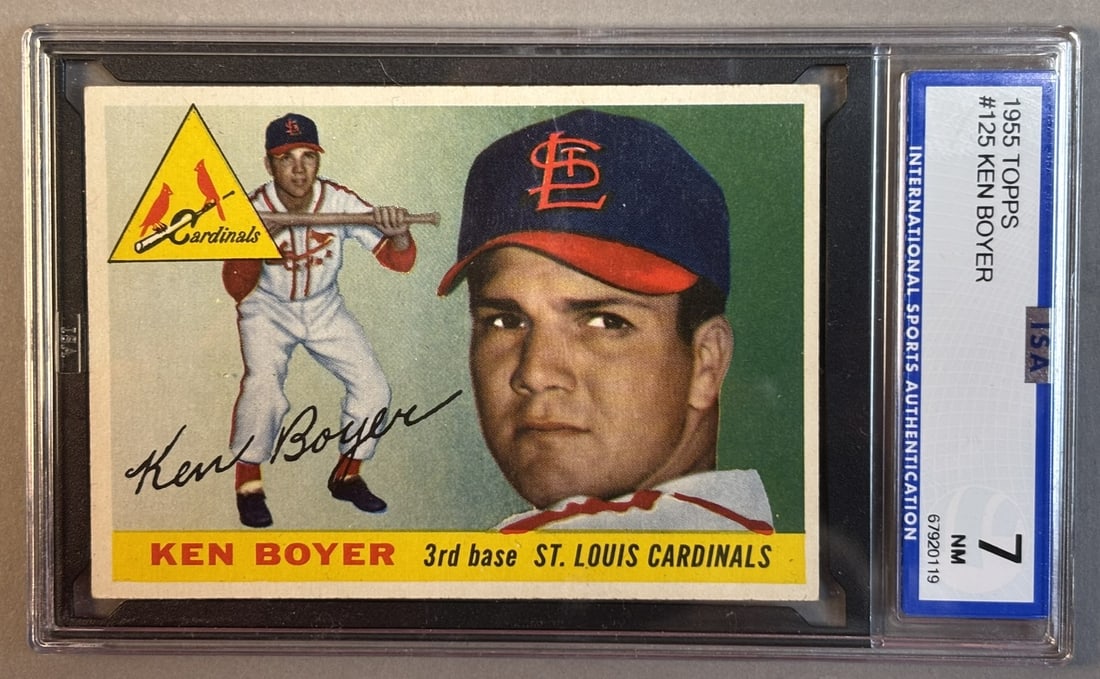 1955 Topps Ken Boyer #125 ISA 7 NM Near Mint: ISA Graded 7 Cert #67920119 Lots 218 through 219K came from the same partial 1955 Topps Set, was only missing Willie Mays & Ernie Banks. The SGC Cards will get updated as soon as they come back. PLEAS