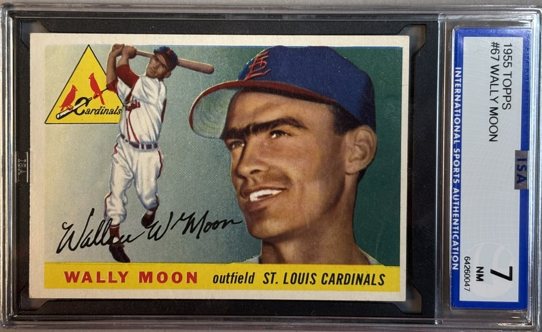 1955 Topps Wally Moon #67 ISA 7 NM Near Mint: ISA Graded 7 Cert #64260047 Lots 218 through 219K came from the same partial 1955 Topps Set, was only missing Willie Mays & Ernie Banks. The SGC Cards will get updated as soon as they come back. PLEAS
