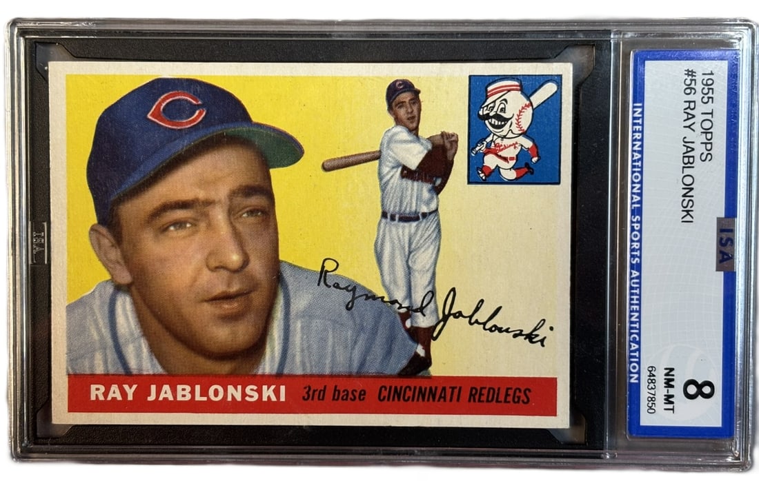 1955 Topps Ray Jablonski #56 ISA 8 NM-MT Near Mint - Mint: ISA Graded 8 Cert #64837850 Lots 218 through 219K came from the same partial 1955 Topps Set, was only missing Willie Mays & Ernie Banks. The SGC Cards will get updated as soon as they come back. PLEAS