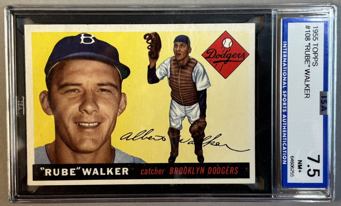 1955 Topps Rube Walker #108 ISA 7.5 NM+ Near Mint Plus: ISA Graded 7.5 Cert #64606255 Lots 218 through 219K came from the same partial 1955 Topps Set, was only missing Willie Mays & Ernie Banks. The SGC Cards will get updated as soon as they come back. PLE