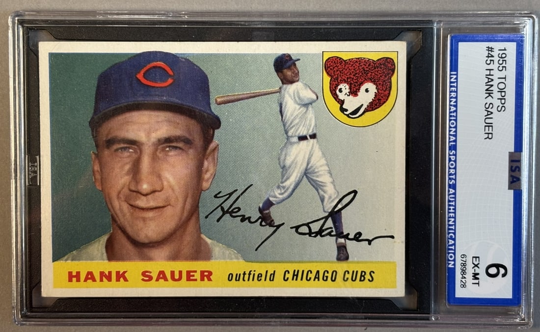 1955 Topps Hank Sauer #45 ISA 6 EX-NM Excellent Near Mint: ISA Graded 6 Cert #67898428 Lots 218 through 219K came from the same partial 1955 Topps Set, was only missing Willie Mays & Ernie Banks. The SGC Cards will get updated as soon as they come back. PLEAS