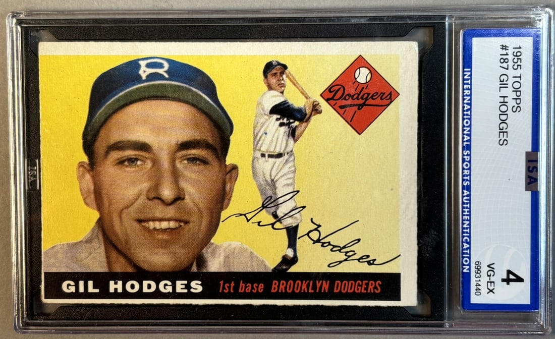 1955 Topps Gil Hodges #187 ISA 4 VG-EX Very Good Excellent HOF: ISA Graded 4 Cert #67920134 Lots 218 through 219K came from the same partial 1955 Topps Set, was only missing Willie Mays & Ernie Banks. The SGC Cards will get updated as soon as they come back. PLEAS