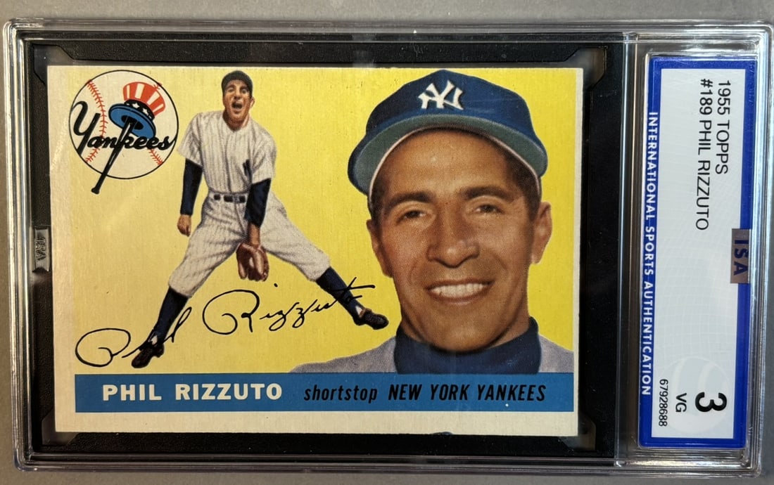 1955 Topps Phil Rizzuto #189 ISA 3 VG Very Good HOF: ISA Graded 3 Cert #67928688 Lots 218 through 219K came from the same partial 1955 Topps Set, was only missing Willie Mays & Ernie Banks. The SGC Cards will get updated as soon as they come back. PLEAS