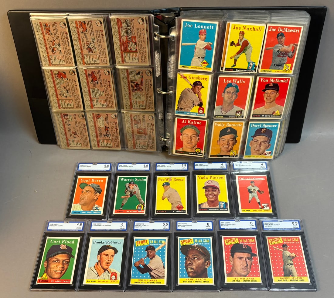1958 Topps Baseball Card Set Near Complete Missing 3 Cards HOF VG+ SGC & ISA Graded: SGC Submission 12.18.25 - Waiting On Grading - This almost complete set is only missing 3 cards - #115 Jim Bunning, #120 Johnny Podres & #475 Mantle MVP. We sent for submission the following to SGC on