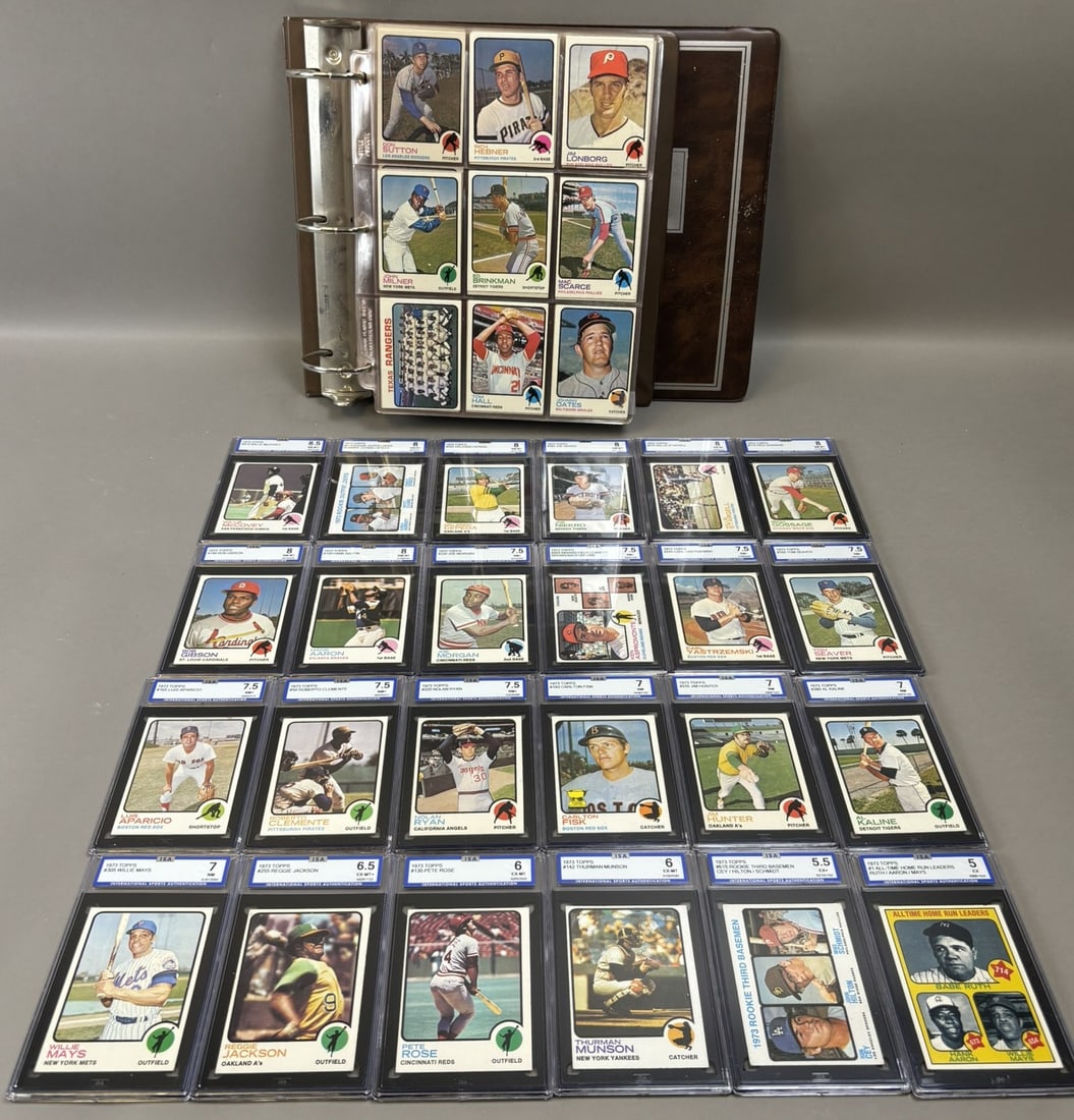1973 Topps Baseball Complete Set w/ 24 Graded Cards 5.5-8.5: Extremely high grade set overall. Tons of excellent plus to near mint cards left in the binder. Graded cards as follows: ISA 8.5 NM-NM+ #410 McCovey - ISA 8 NM-MT #614 Evans RC #545 Cepeda #585 Niekro