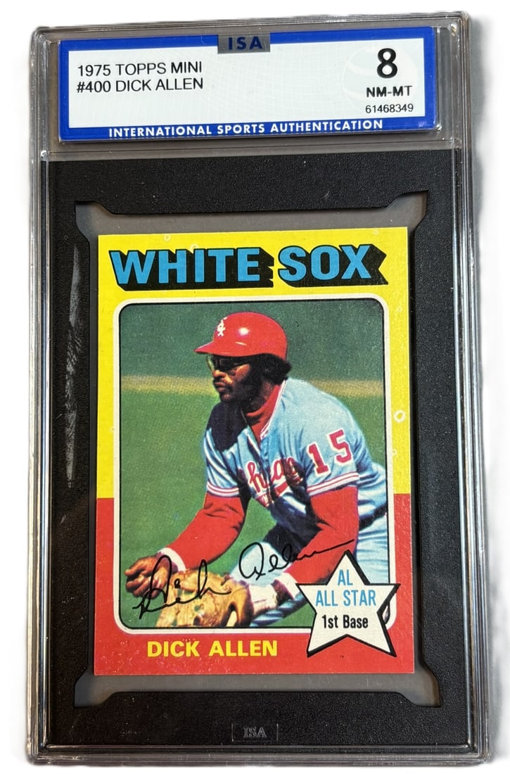 1975 Topps Mini #400 Dick Allen ISA 8 NM-MT Near Mint Mint: ISA GRADED 8 Cert #61468349 PLEASE NOTE WE OFFER IN HOUSE SHIPPING & HAVE BIDDING AVAILABLE ON OUR OWN WEBSITE! If you win on LIVE AUCTIONEERS, please click "SELF ARRANGED SHIPPING" when you receive