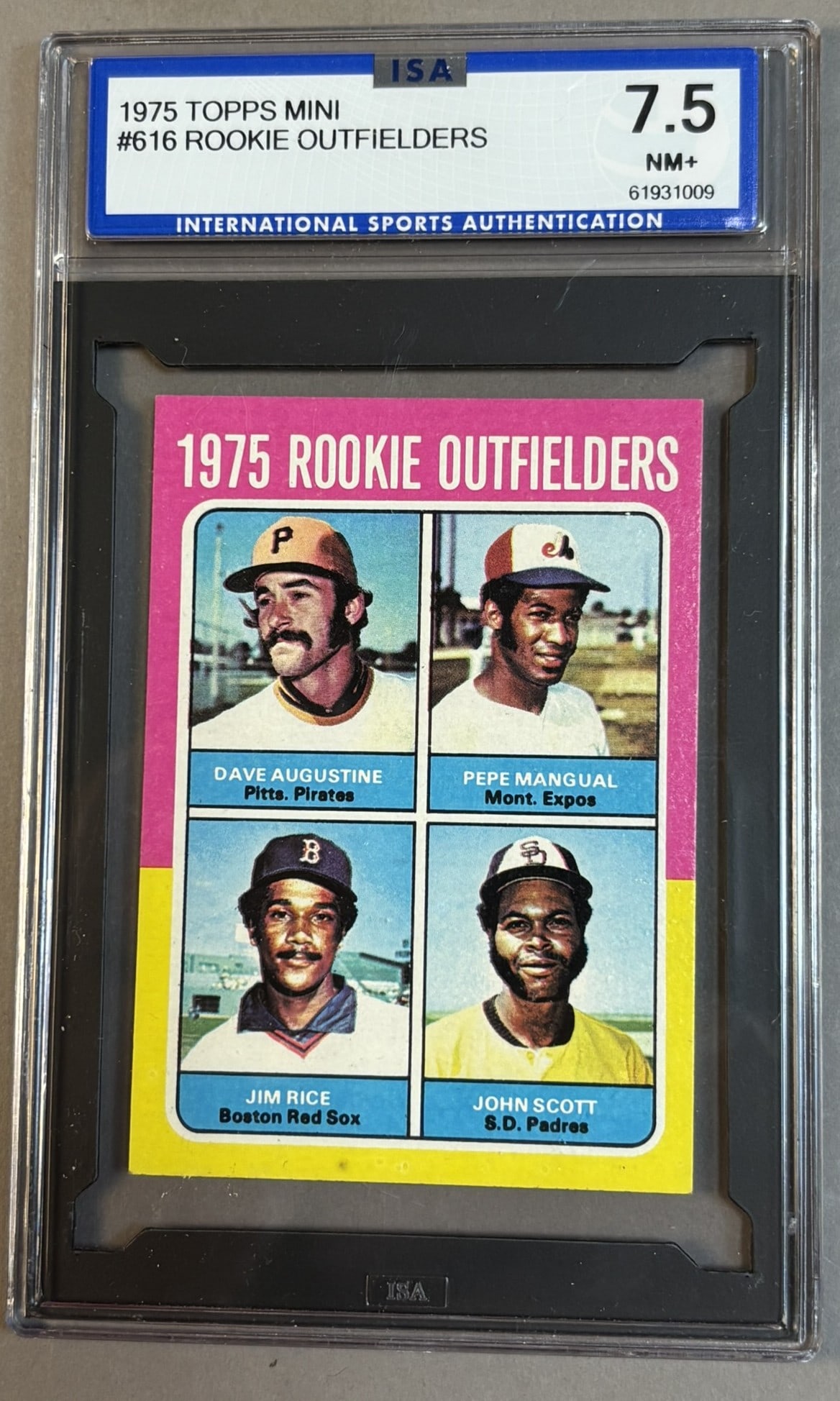 1975 Topps Mini #616 Jim Rice RC ISA 7.5 NM+ Near Mint Plus: ISA GRADED 7.5 Cert #61931009 PLEASE NOTE WE OFFER IN HOUSE SHIPPING & HAVE BIDDING AVAILABLE ON OUR OWN WEBSITE! If you win on LIVE AUCTIONEERS, please click "SELF ARRANGED SHIPPING" when you receive