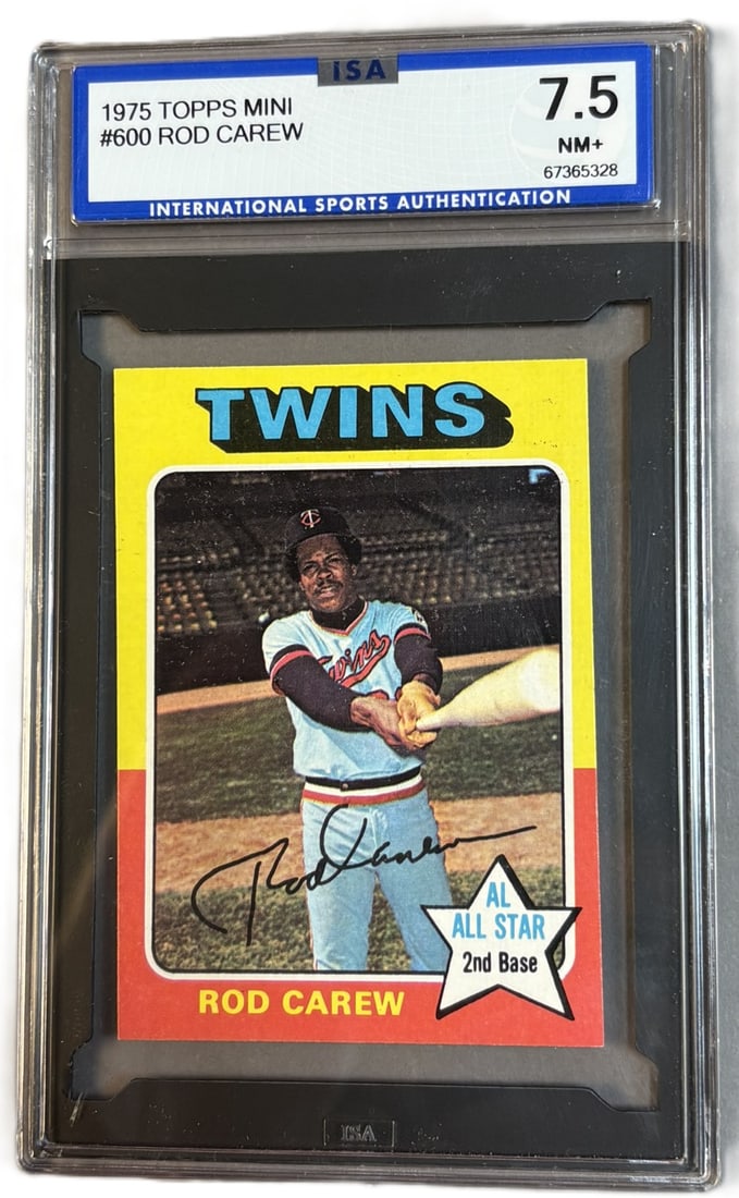 1975 Topps Mini #600 Rod Carew ISA 7.5 NM+ Near Mint Plus: ISA GRADED 7.5 Cert #67365328 PLEASE NOTE WE OFFER IN HOUSE SHIPPING & HAVE BIDDING AVAILABLE ON OUR OWN WEBSITE! If you win on LIVE AUCTIONEERS, please click "SELF ARRANGED SHIPPING" when you receive