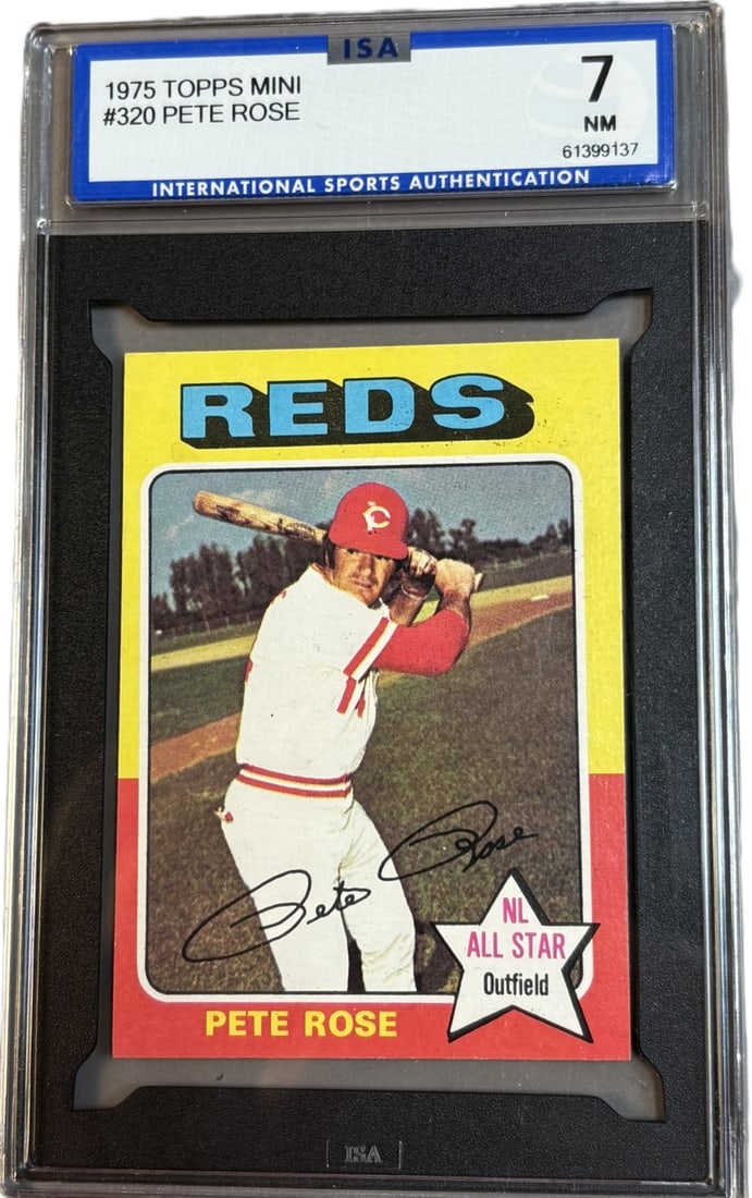 1975 Topps Mini #320 Pete Rose HOF ISA 7 NM Near Mint: ISA GRADED 7 Cert #61399137 PLEASE NOTE WE OFFER IN HOUSE SHIPPING & HAVE BIDDING AVAILABLE ON OUR OWN WEBSITE! If you win on LIVE AUCTIONEERS, please click "SELF ARRANGED SHIPPING" when you receive y